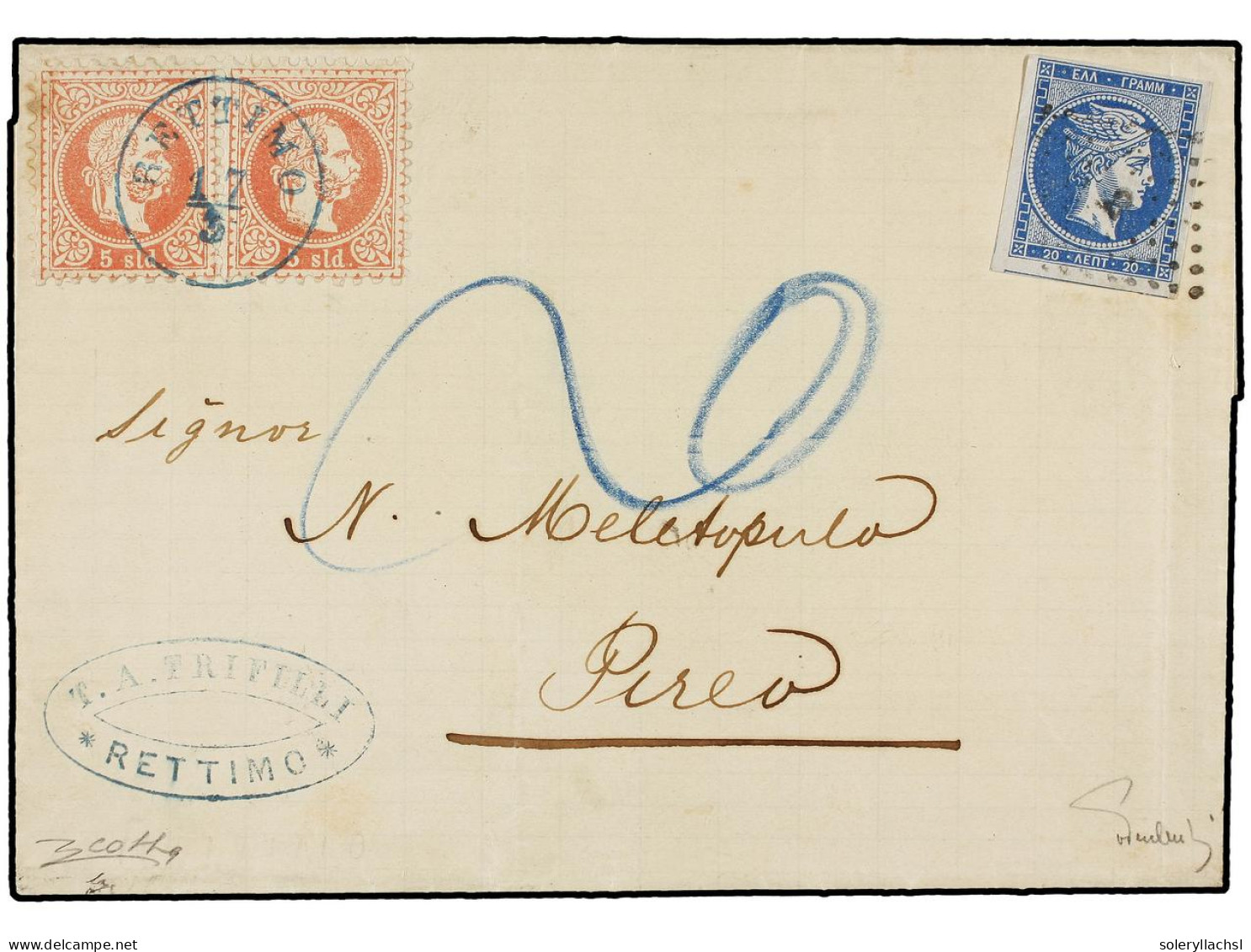 LEVANTE: CORREO AUSTRIACO. 1873. Cover From RETTIMO, CRETE To PIRAEUS Franked By Austrian Levant 1867 5 S. Red In A Hori - Sonstige & Ohne Zuordnung
