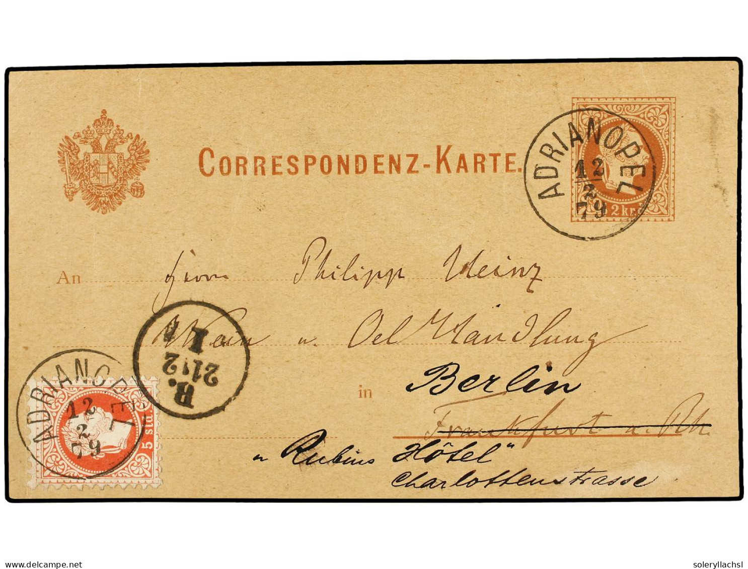 LEVANTE: CORREO AUSTRIACO. 1879 (Feb. 12). 2 Kreuzer Brown On Buff Postal Stationery Card Used As Formula Card To FRANKF - Autres & Non Classés