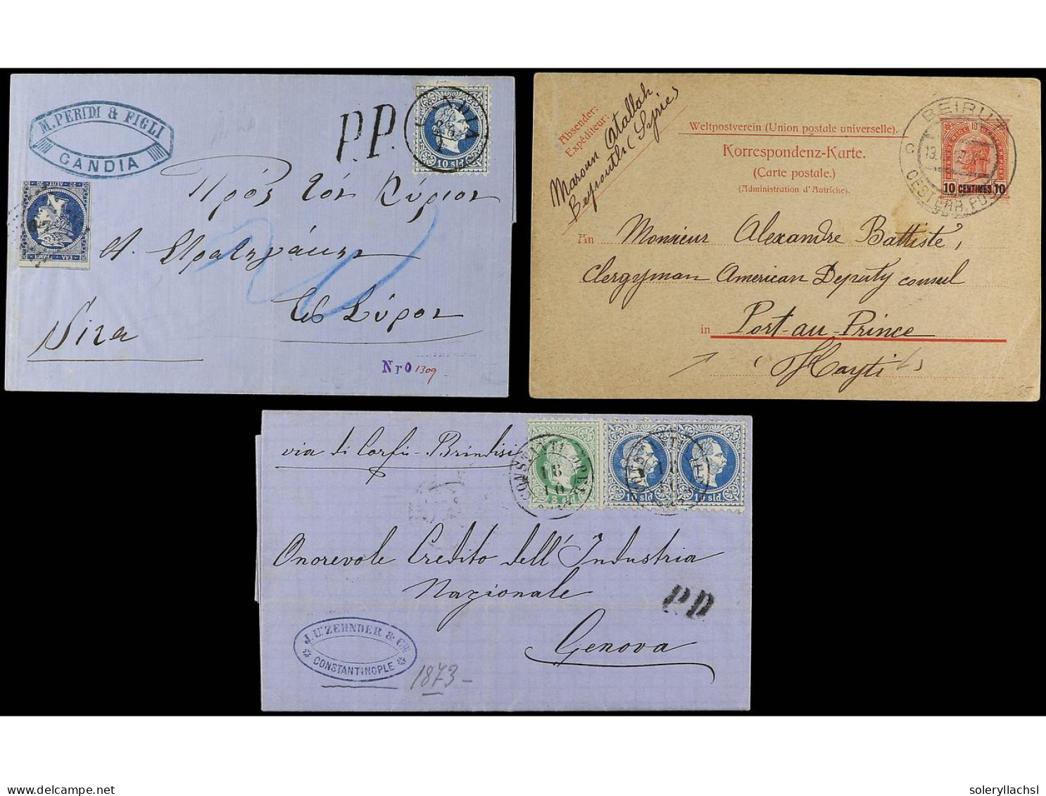 LEVANTE: CORREO AUSTRIACO. 1869-1900. Lot Of 6 Covers And Cards. One From Candia With Austrian And Greek Mixed Franking. - Altri & Non Classificati