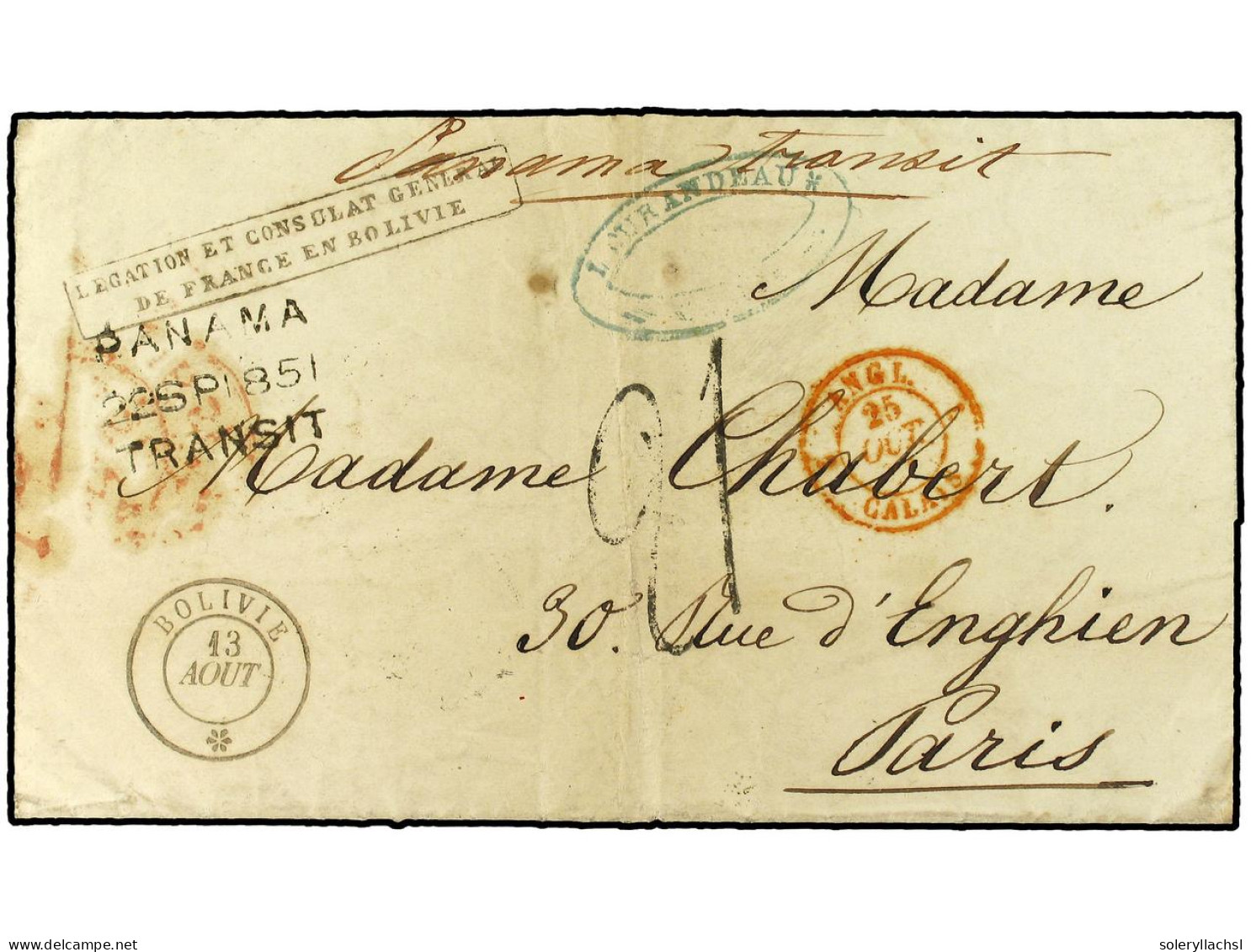 BOLIVIA. 1851 (Aug 13). Entire Letter From CHUQUISACA From The French Consul General In Bolivia To Paris Endorsed 'Panam - Altri & Non Classificati