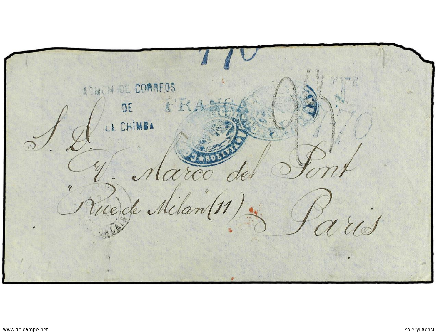 BOLIVIA. 1877. LA CHIMBA (Bolivia) To FRANCE. CORREOS DE LA CHIMBA/BOLIVIA Negative Blue Ship Illustrated Handstamp, Dep - Other & Unclassified