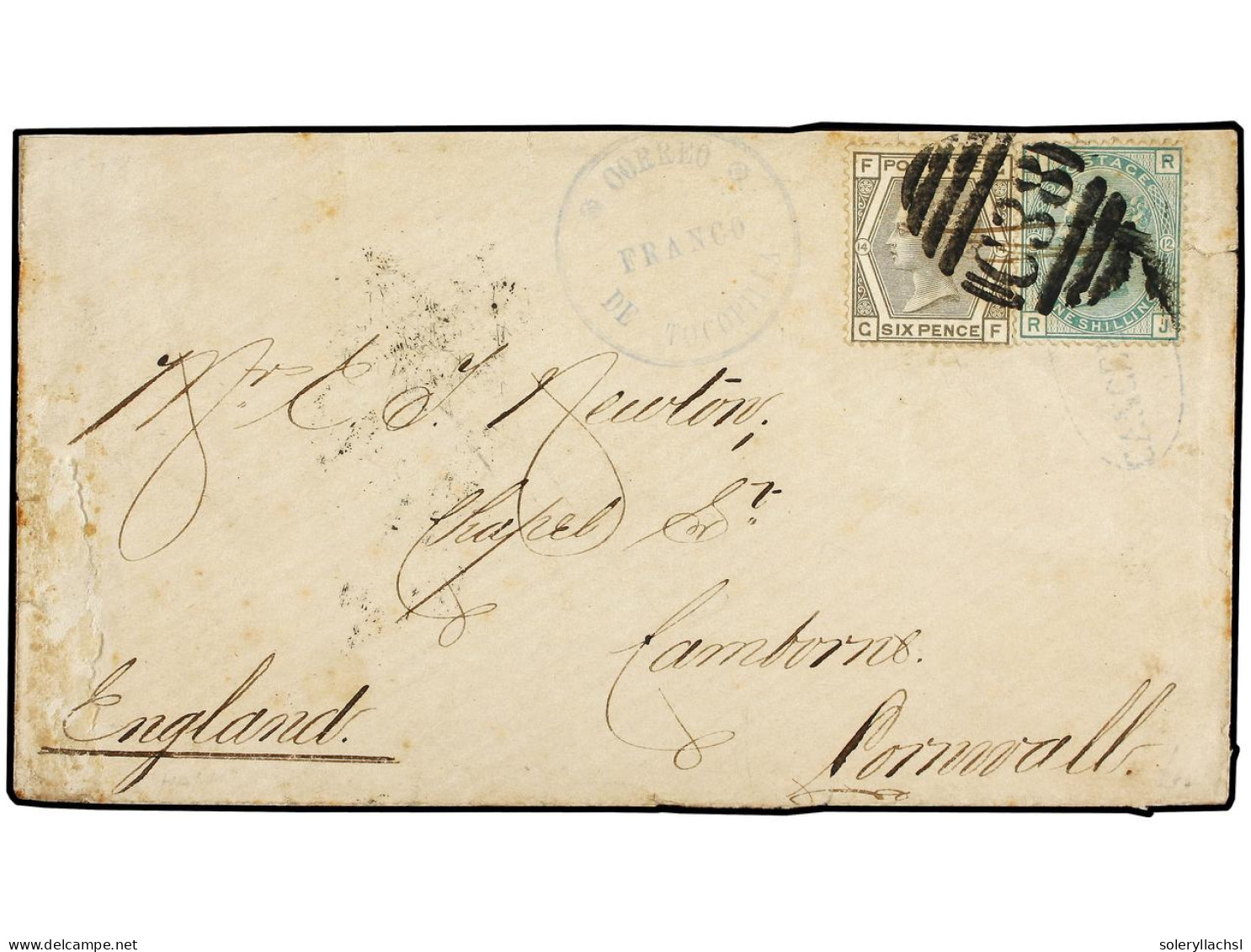 BOLIVIA. 1877. TOCOPILLA (Bolivia, Today Chile) To CAMBORNE (England). Franked With Great Britain 6p. Grey, Plate 14, An - Sonstige & Ohne Zuordnung