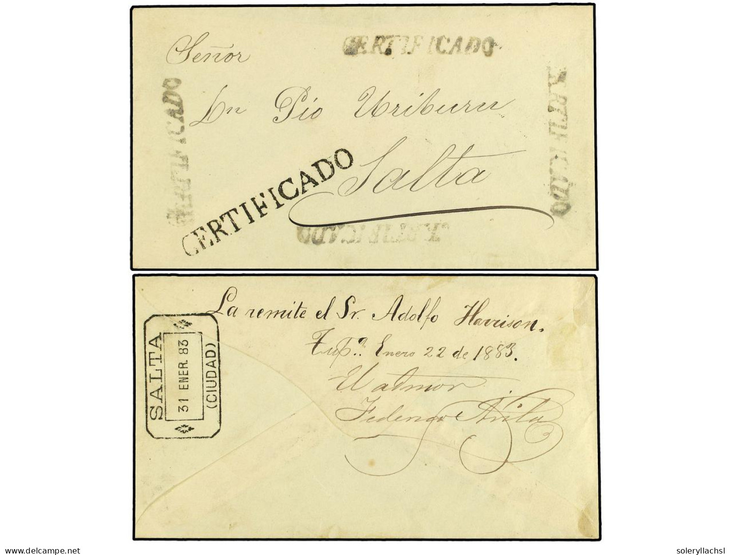 BOLIVIA. 1883 (22 Enero). TUPISA A SALTA (Argentina). Sobre Certificado Con Cuatro Marcas CERTIFICADO Lineal En Color Ve - Other & Unclassified