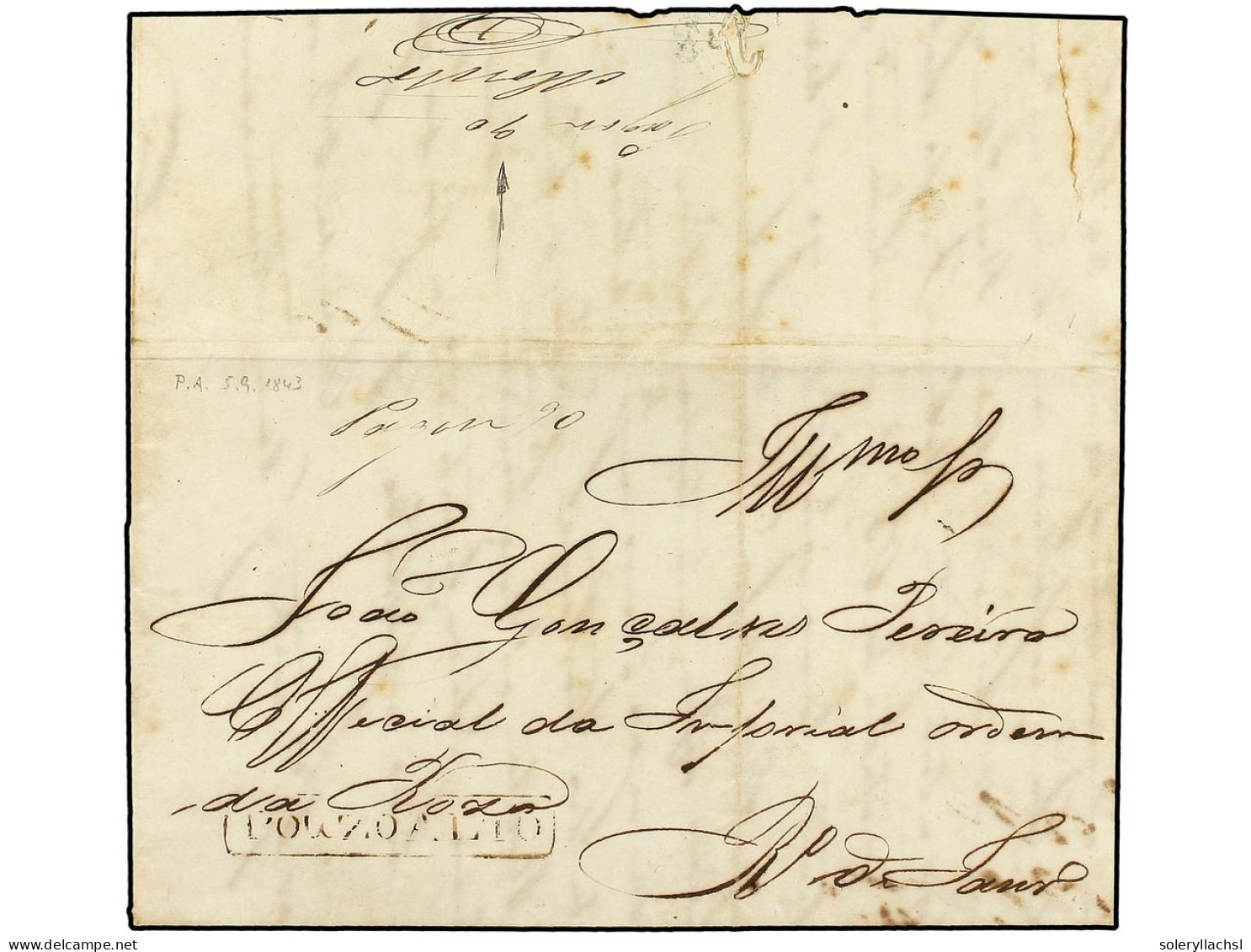 BRASIL. 1843 (5 Sept.). POUZO ALTO A RÍO DE JANEIRO. Marca Lineal POUZO ALTO Y Manuscrito 'Pagou 90' Y Al Dorso 'Pagou 9 - Other & Unclassified