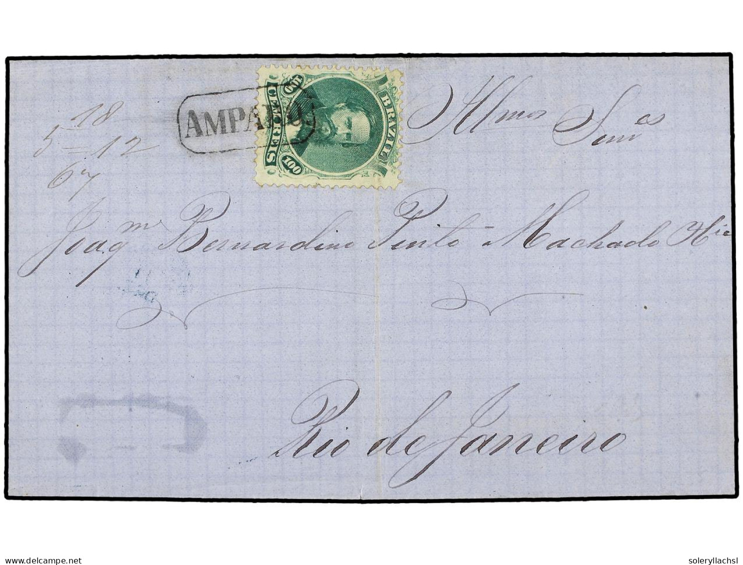 BRASIL. 1867. AMPARO A RÍO DE JANEIRO. 100 Reis Verde. Mat. Lineal AMPARO. MAGNÍFICA. Sc.58. - Other & Unclassified