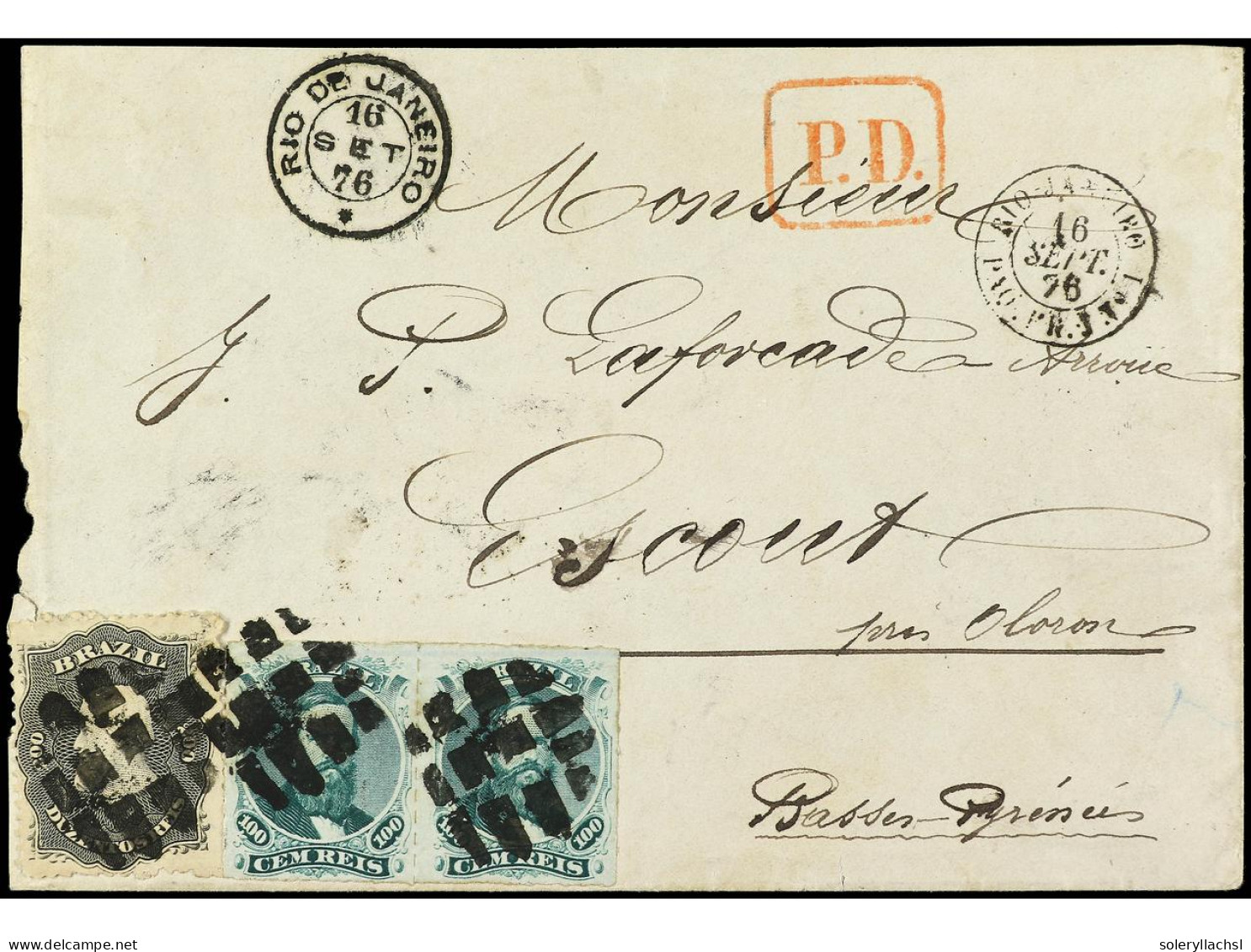 BRASIL. 1876. RIO DE JANEIRO A FRANCIA. 100 R. (2) Y 200 R. Por Paquebot Francés. Yv.28 Y 34 (2). - Andere & Zonder Classificatie