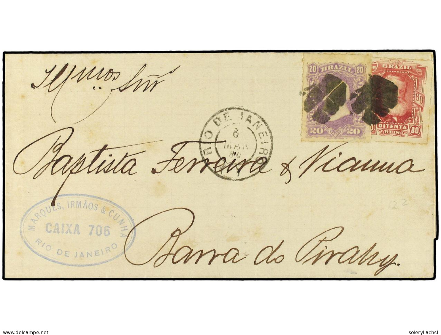 BRASIL. 1880. Envelope To Barra Do Pirany Bearing Dom Pedro 20 Reis Mauve (SG 58) And 80 Reis Rose-lake (SG 60) Tied By  - Altri & Non Classificati