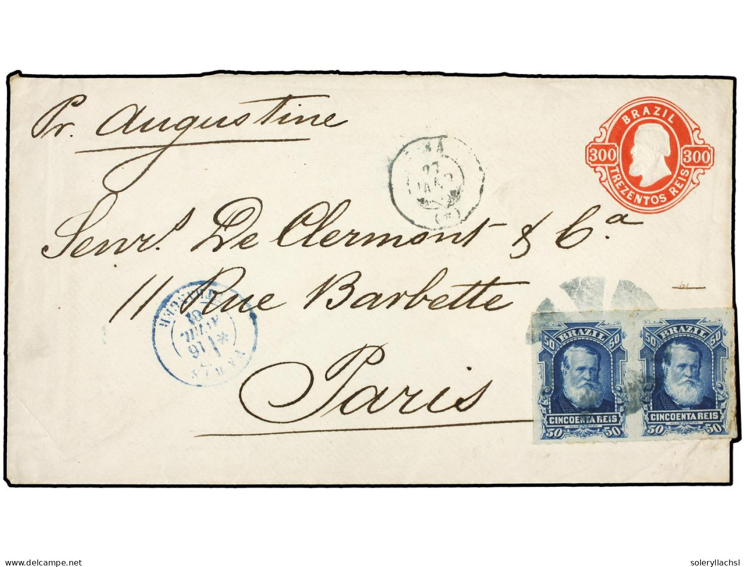 BRASIL. 1881. CEARA A PARIS. Sobre Entero Postal De 300 Reis Rojo Con Franqueo Adicional De 50 Reis Azul (2). MUY BONITA - Sonstige & Ohne Zuordnung