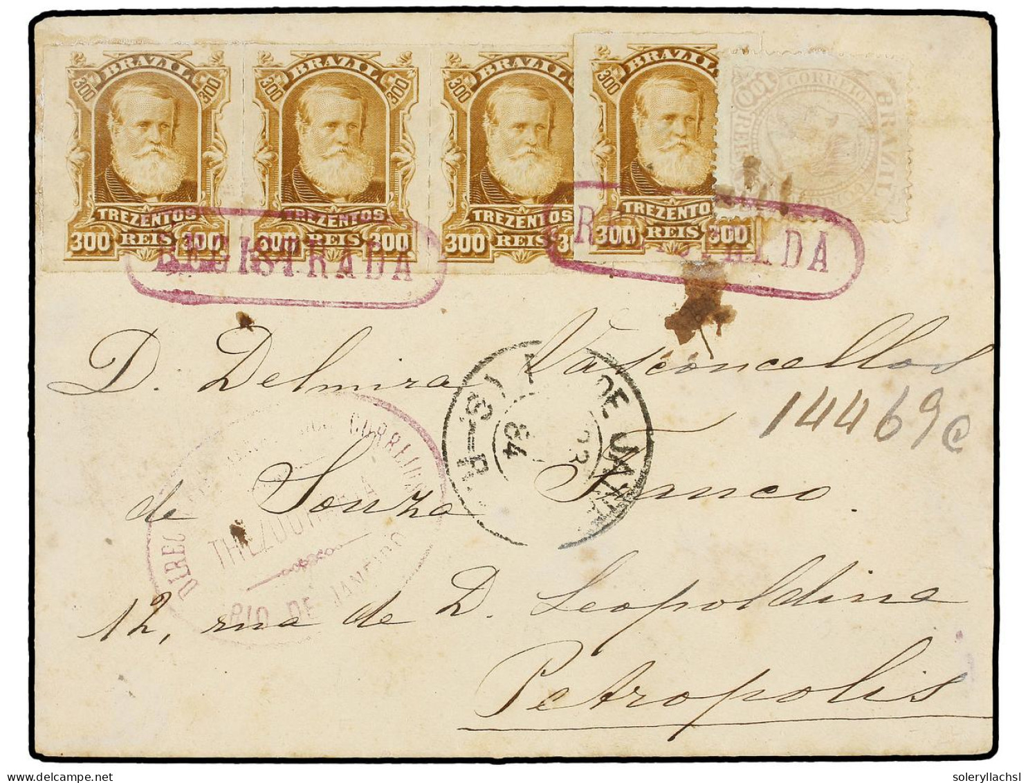 BRASIL. 1884. RIO DE JANEIRO To PETROPOLIS. 300 R Bistre Brown In A Strip Of Three And A Single With 1884/85, 100 R. Lil - Autres & Non Classés