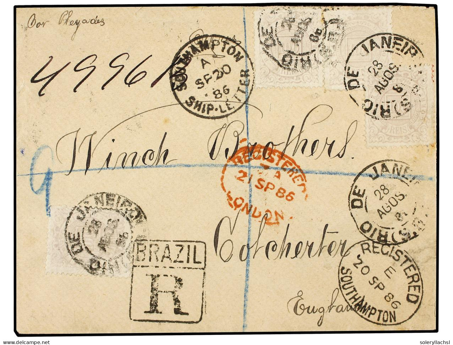 BRASIL. 1886. RIO DE JANEIRO A INGLATERRA. 100 Reis Lila (4), Carta Certificada, Fechador SOUTHAMPTON/SHIP LETTER. MAGNÍ - Other & Unclassified