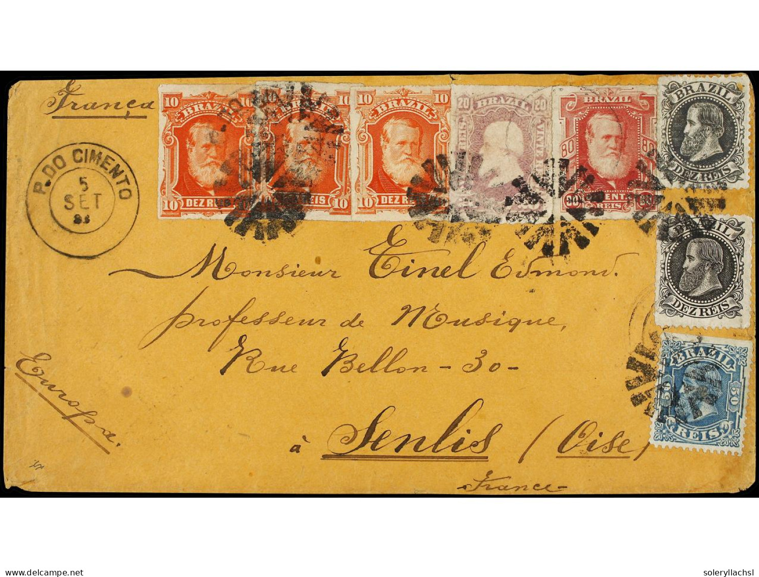 BRASIL. 1888. P. DO CIMENTO A FRANCIA. 10 Reis Naranja (3), 10 Reis  Negro (2), 20 Reis Lila, 50 Reis Azul Y 80 Reis Ros - Other & Unclassified