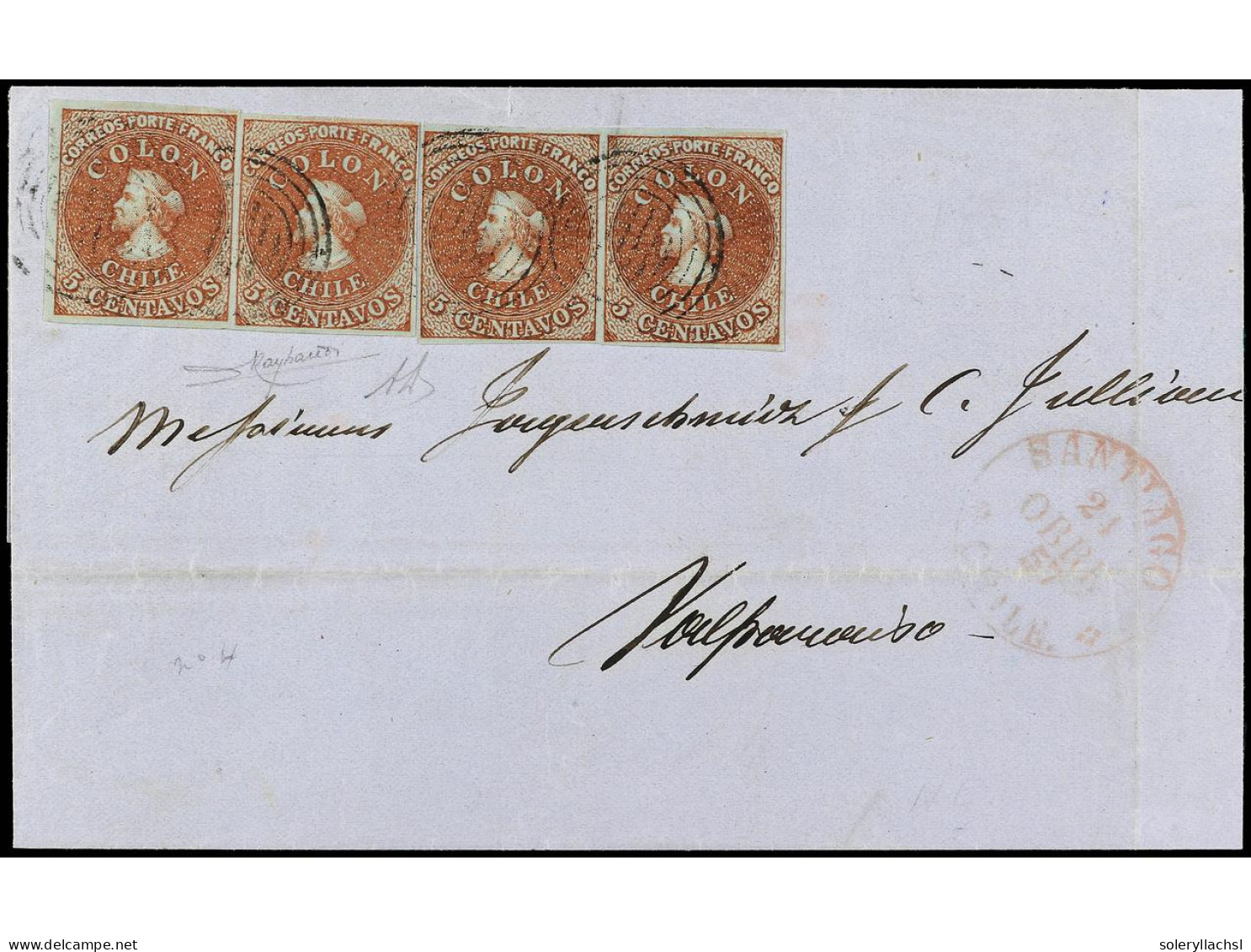 CHILE. 1857. SANTIAGO A VALPARAÍSO. 5 Ctvos. Castaño Rojo, Dos Parejas. Segunda Impresión De Londres, Sellos Con Cuatro  - Andere & Zonder Classificatie