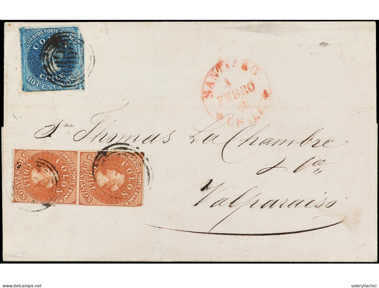 CHILE. 1860. SANTIAGO A VALPARAÍSO. 5 Ctvos. Castaño (Desmadryl) Márgenes Completos (sello Superior Un Margen Algo Corto - Altri & Non Classificati