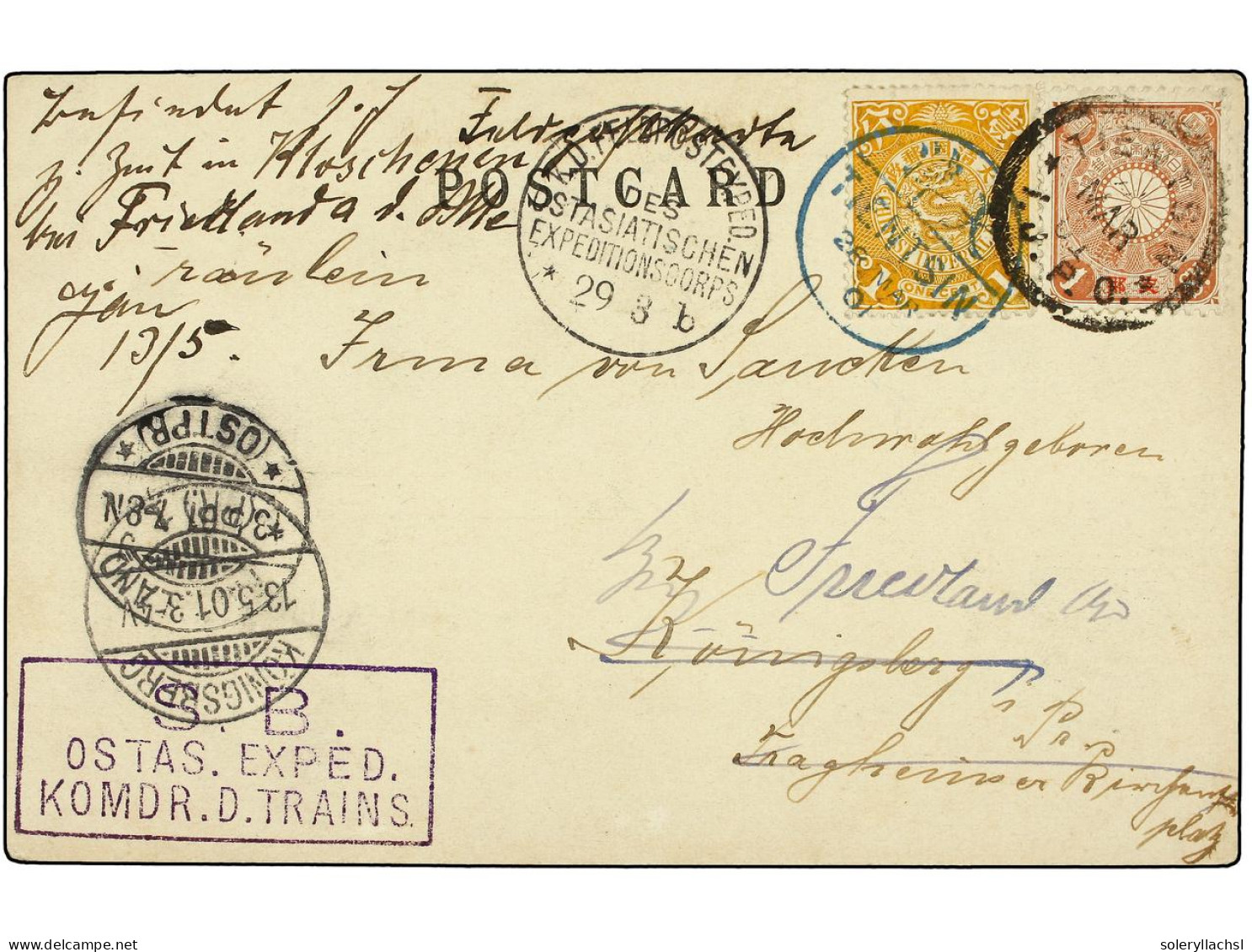 CHINA. 1901. TIENSIN To GERMANY. Postcard Franked With Chinese 1 Cent. Stamp And Japanese Occupation 1 Sen Stamp. - Andere & Zonder Classificatie