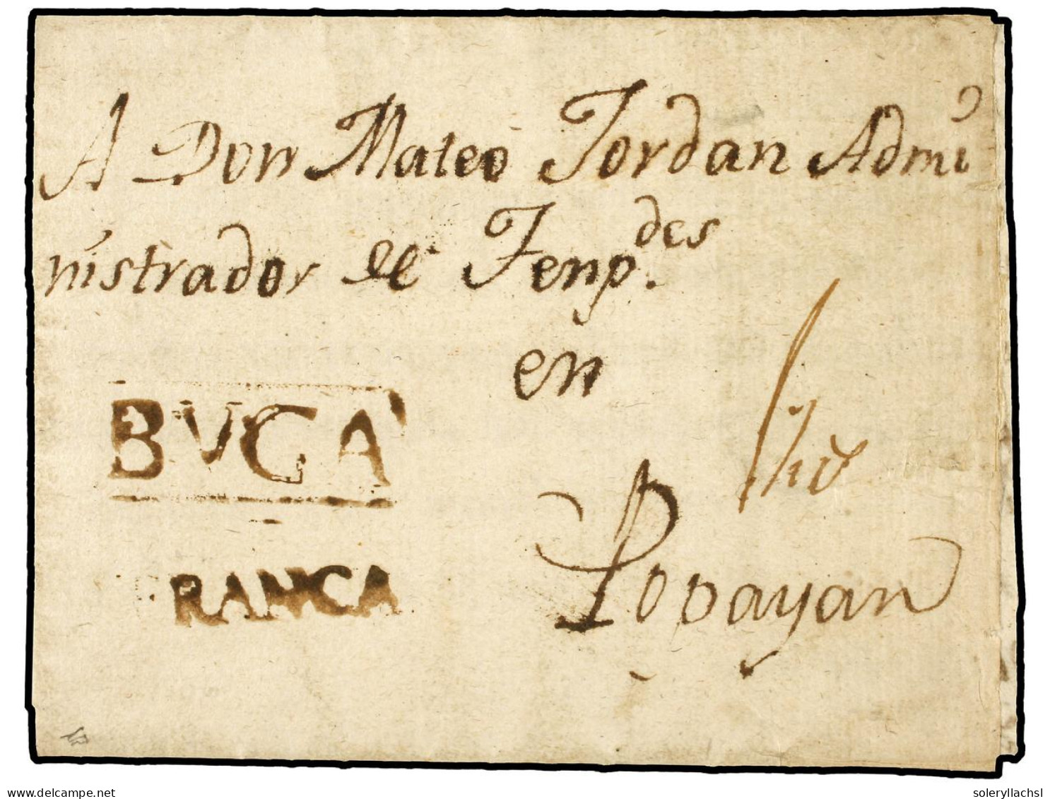 COLOMBIA. 1806 (10 Julio). BUGA A POPAYAN. Marca BUGA A FRANCA En Color Sepia. MAGNÍFICA Y RARA. - Andere & Zonder Classificatie