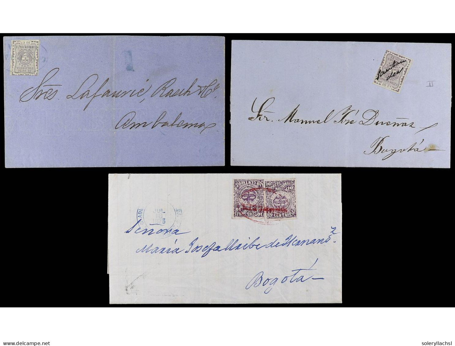 COLOMBIA. 1868-1876. Lot Of 3 Covers With Diverse Frankings, One With Certificate. - Autres & Non Classés