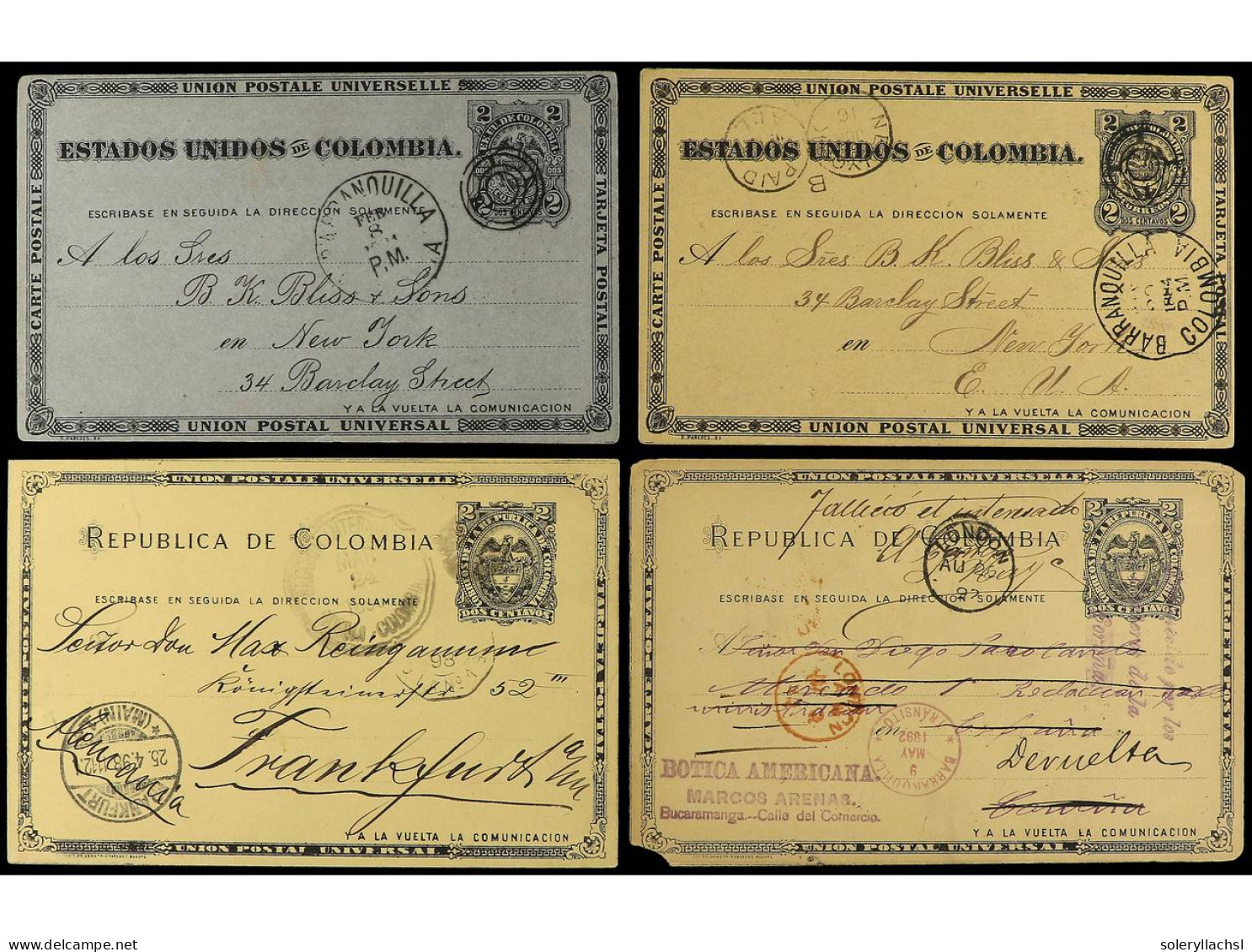 COLOMBIA. 1892-1910. Lot Of 12 Postal Stationary Cards With Diverse Cancellations And Destination. - Other & Unclassified