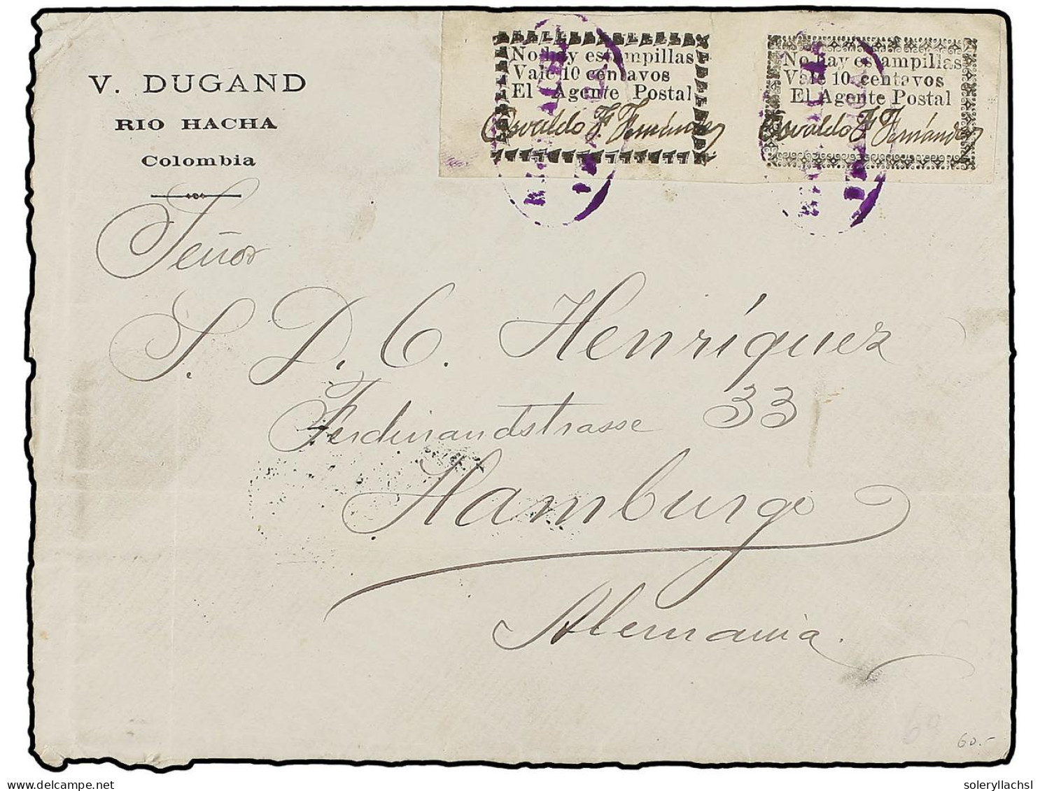 COLOMBIA. 1902. PROVISIONAL DE RIO HACHA. RIO HACHA A ALEMANIA. Sobre Comercial De V. Dugand Circulado Con Una Preja Del - Sonstige & Ohne Zuordnung