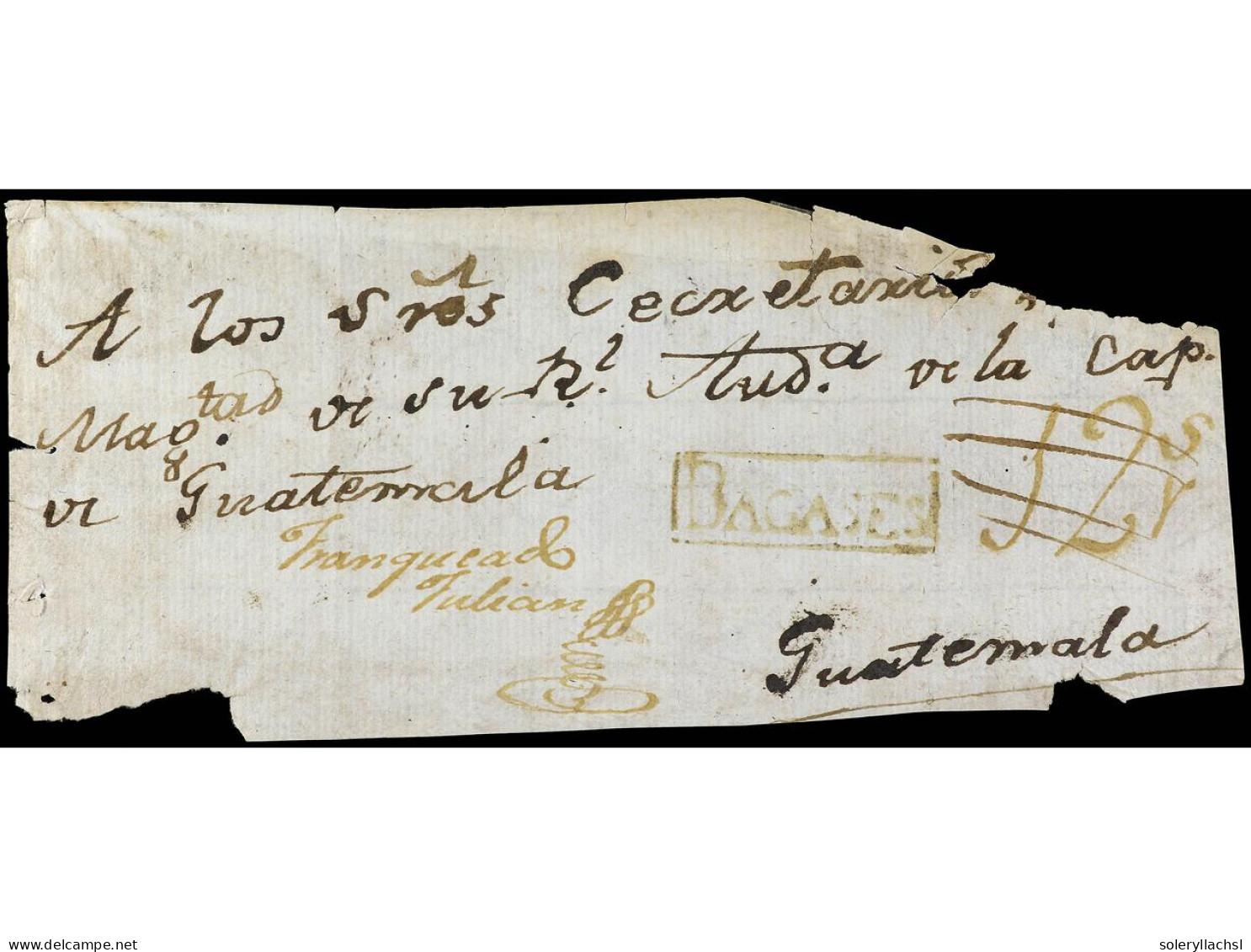 COSTA RICA. (1820 Ca.). Fragmento De Frente De Carta Circulada A GUATEMALA Marcas BAGASES En Tinta De Escribir Y Manuscr - Sonstige & Ohne Zuordnung