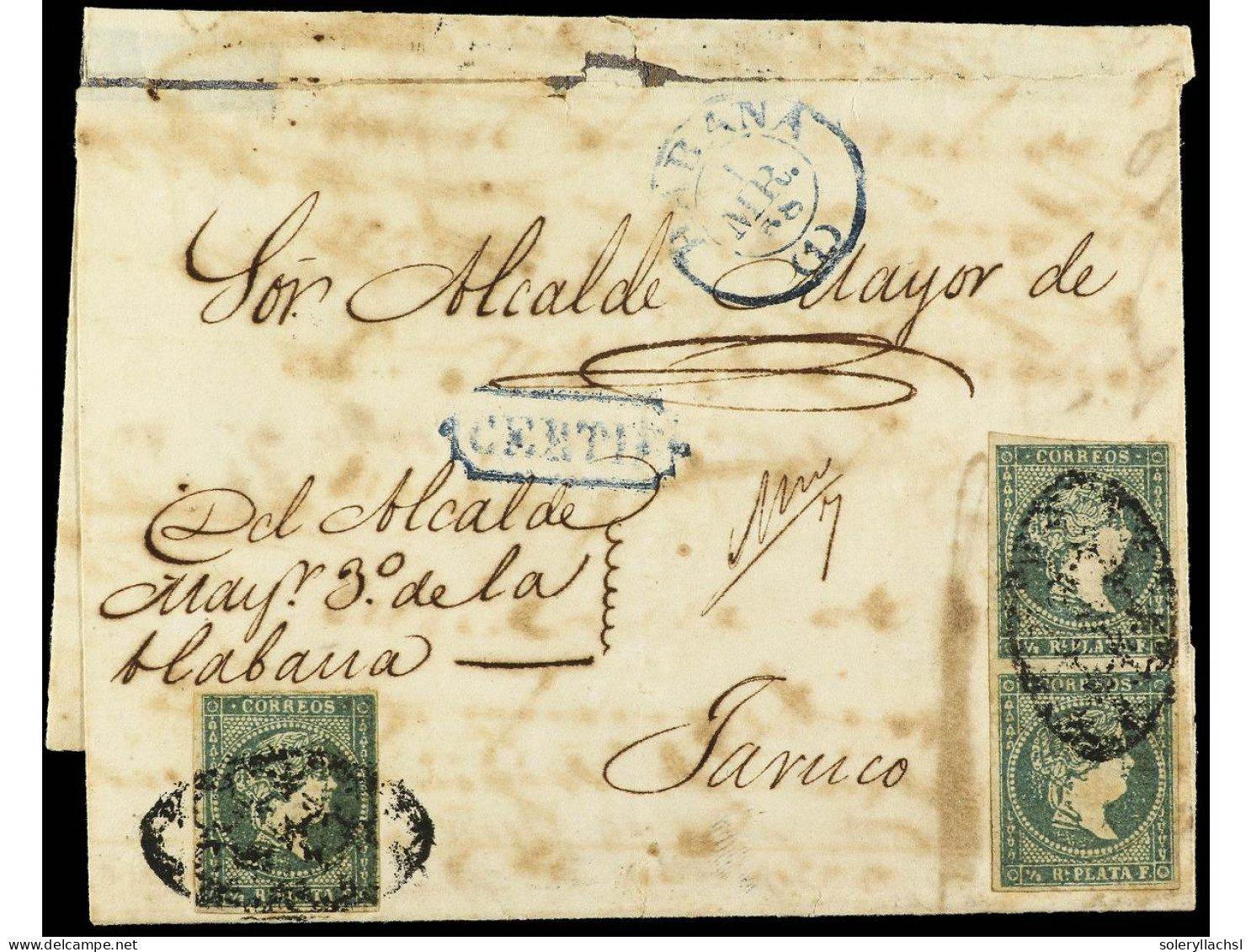 CUBA. 1858. HABANA A JARUCO. Carta Certificada Franqueada Con Tres Sellos De 1/2 Real Verde Azulado, Mat. Parrilla Colon - Autres & Non Classés