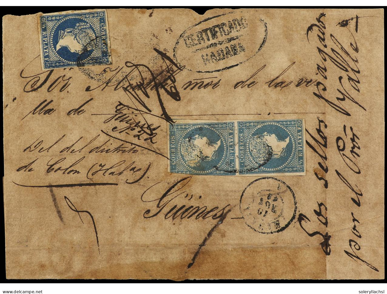 CUBA. 1863. HABANA A GUINES. Carta Certificada Con Franqueo De 1/2 Real Azul (2) Y 1/2 Real Azul Oscuro, Mat. Parrilla C - Other & Unclassified