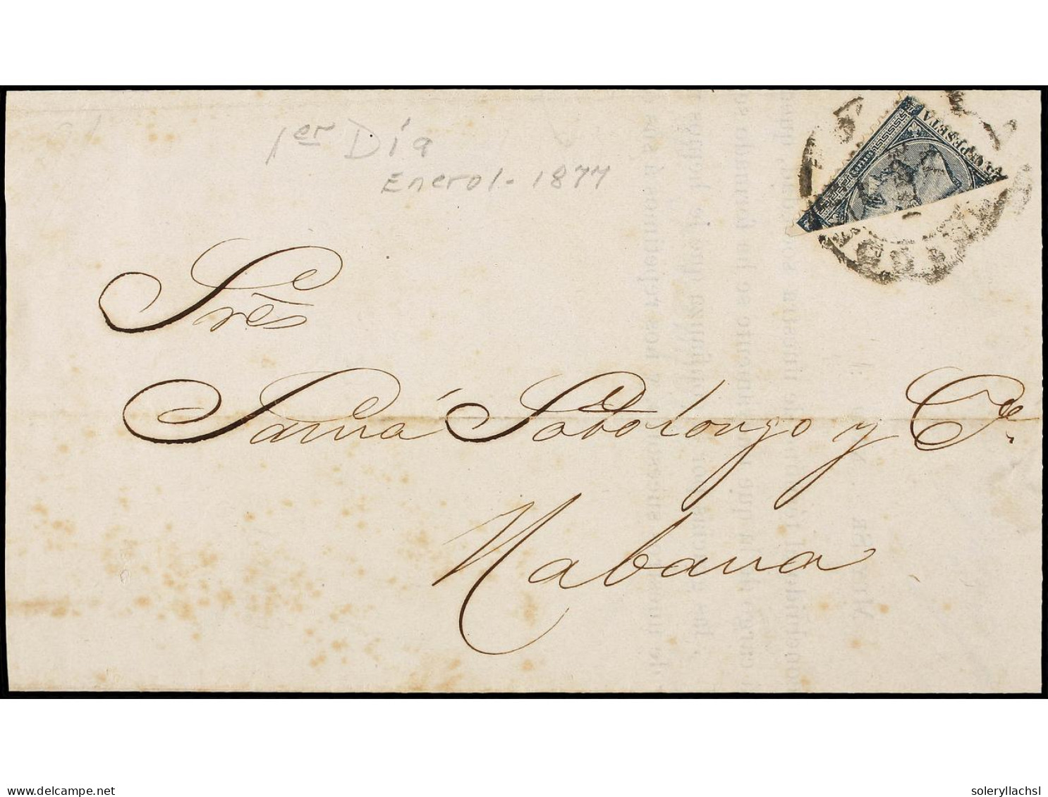 CUBA. 1877 (1 Enero). HABANA Correo Interior. 25 Cts. Verde Bisectado Para Ser Usado Como 12 1/2 Ctvos. Circulada El 1-E - Andere & Zonder Classificatie