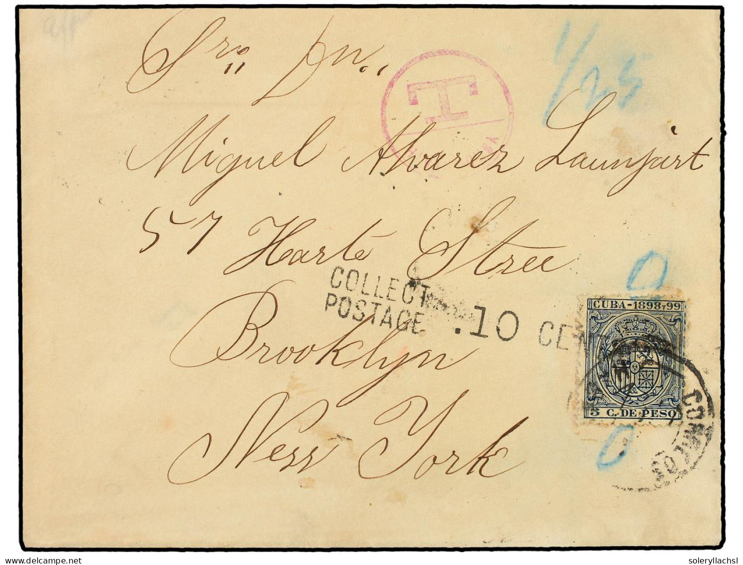 CUBA. 1891 (5 Abril). HABANA A NEW YORK Circulada Con Sello Fiscal De 5 Cts. Azul. Franqueo No Aceptado En Carta Al Exte - Autres & Non Classés