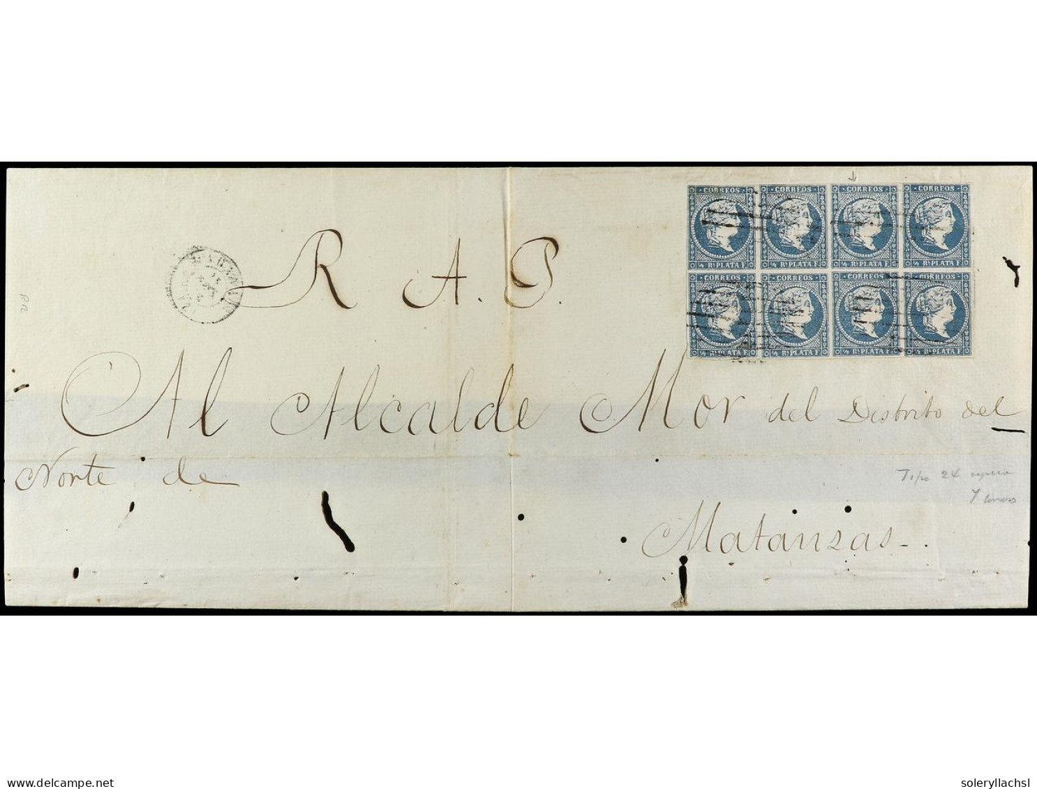 CUBA. (1860 Ca.). HABANA A MATANZAS. Plica Judicial Con Bloque De Ocho Del 1/2 Real Azul FALSO POSTAL Tipo II (Echenagus - Sonstige & Ohne Zuordnung