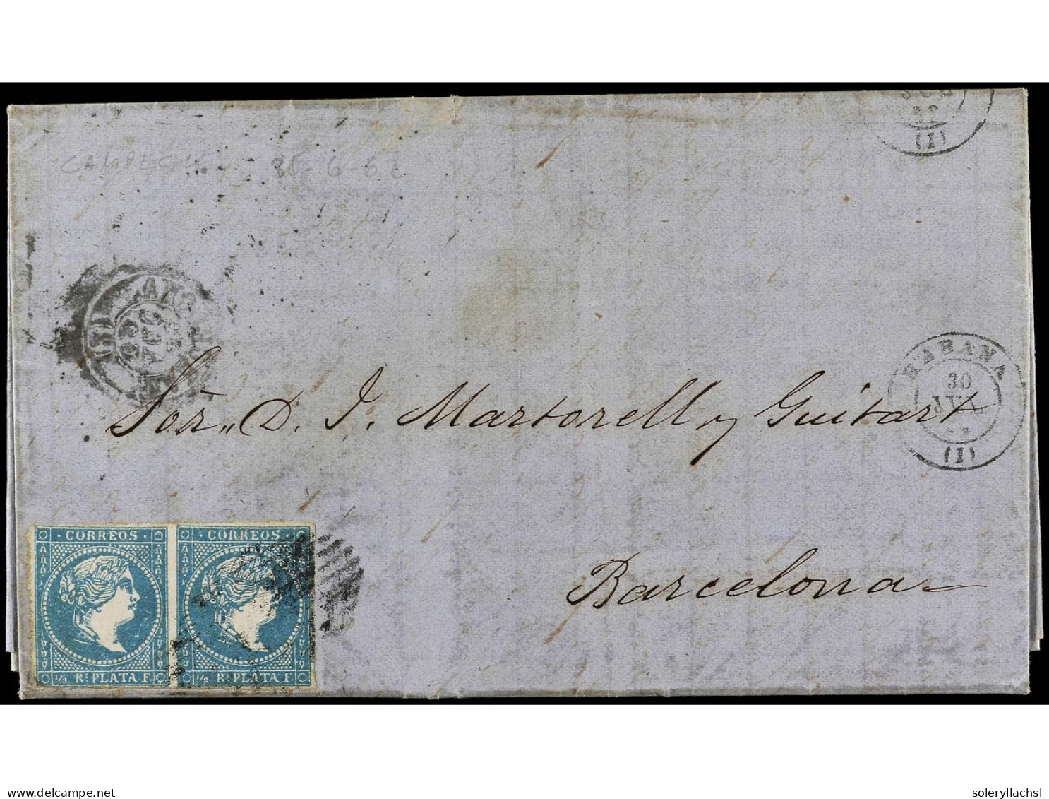 CUBA. 1862. HABANA A BARCELONA. 1/2 Real Azul (2) FALSO POSTAL (Graus Tipo VIII, Guerra Tipo V). Ant.7F (2). - Other & Unclassified