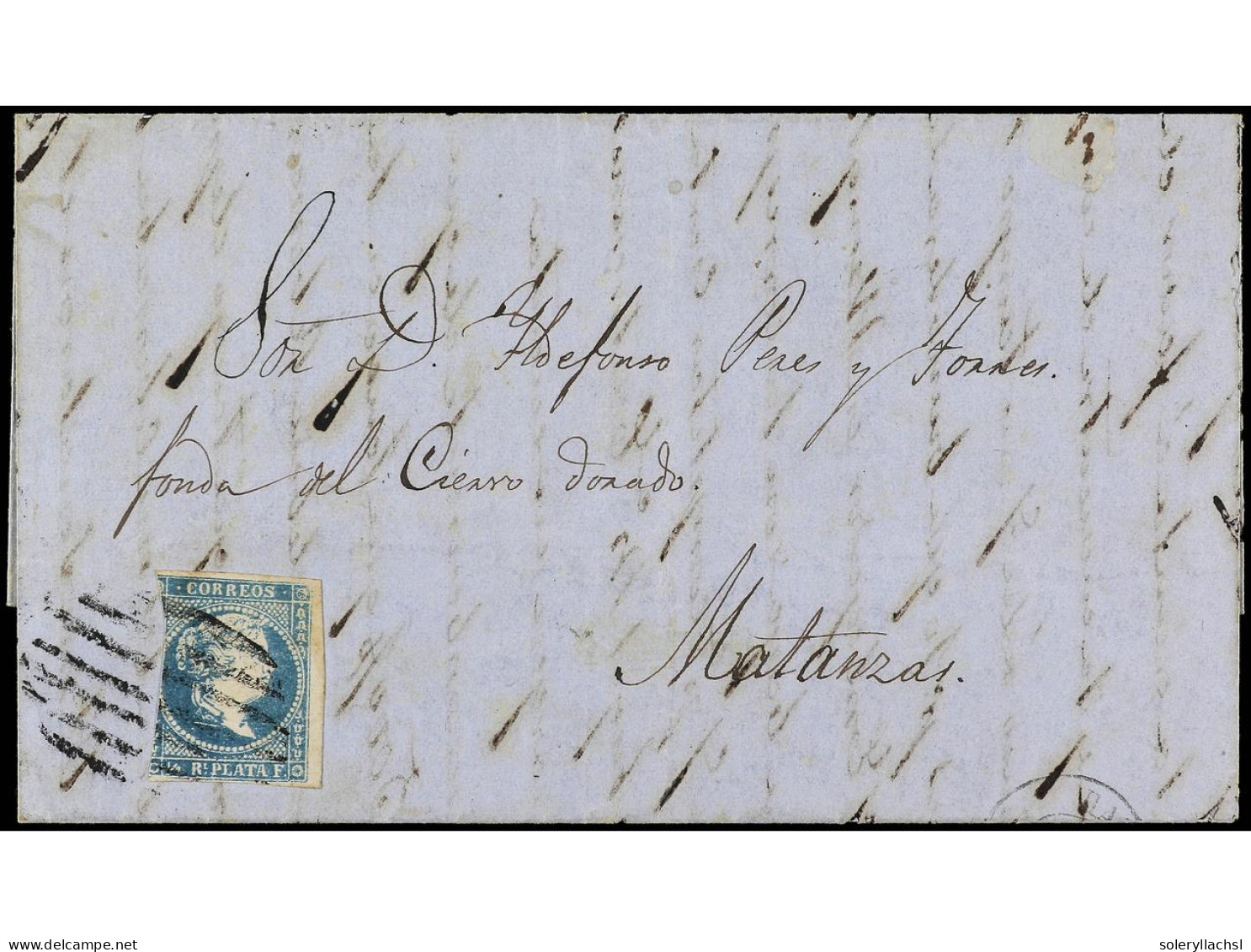 CUBA. 1863. HABANA A MATANZAS. 1/2 Real Azul (margen Corto) FALSO POSTAL (Graus Tipo II, Guerra Tipo III). Ant.7. - Andere & Zonder Classificatie