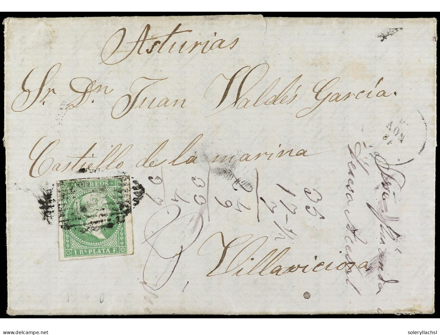 CUBA. 1862. HABANA A VILLAVICIOSA (Asturias). 1 Real Verde FALSO POSTAL (Graus Tipo II, Guerra Tipo V). Ant.8. - Other & Unclassified