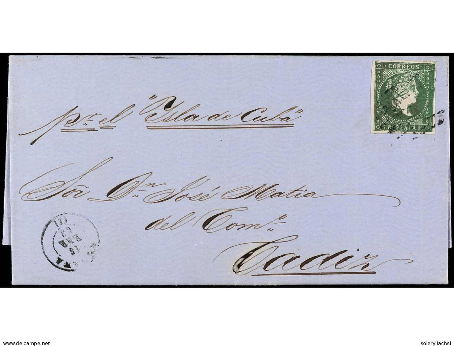 CUBA. 1863. HABANA A CÁDIZ. 1 Real Verde FALSO POSTAL (Graus Tipo III, Guerra Tipo I). Ant.8F. - Other & Unclassified