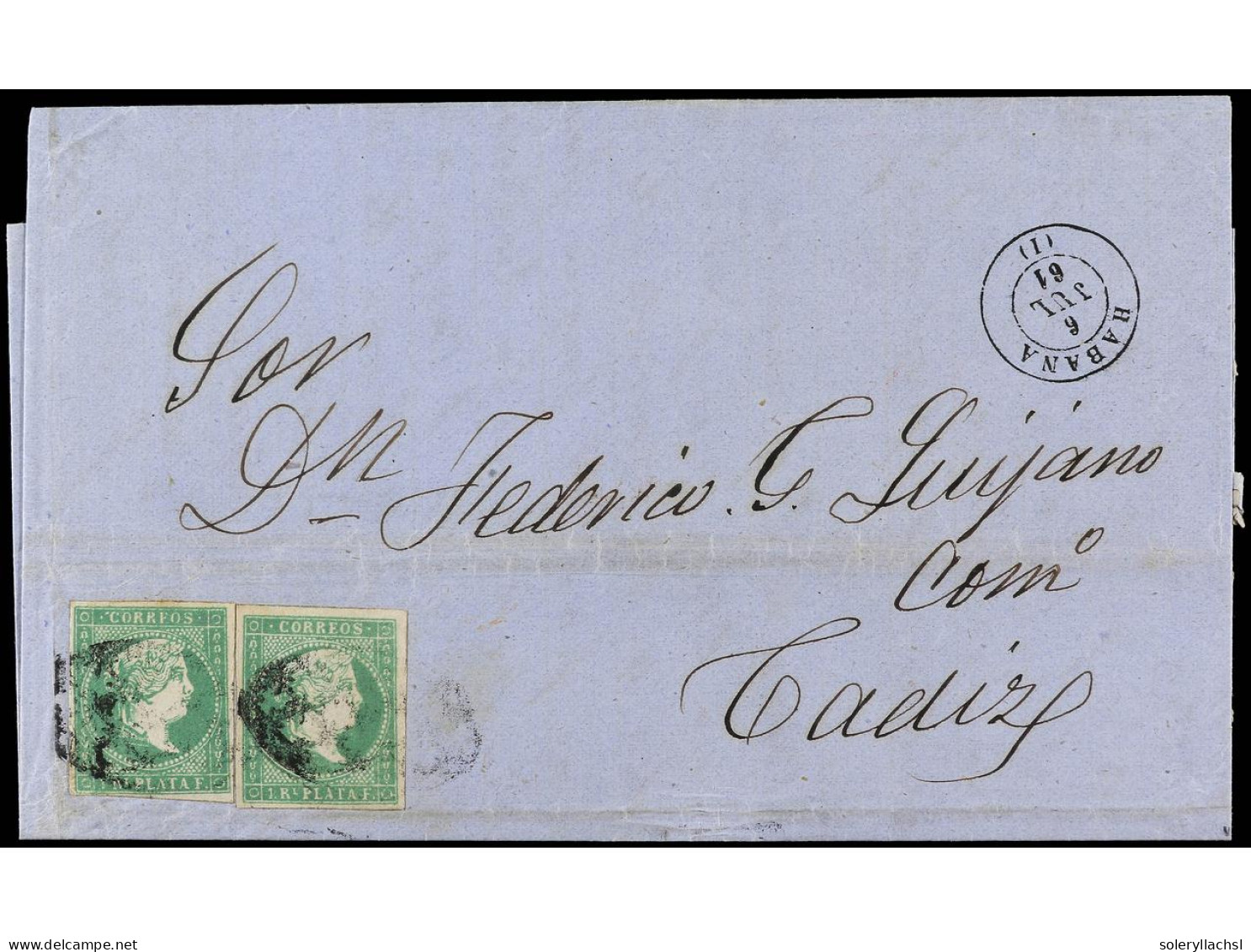 CUBA. 1861. HABANA A CÁDIZ. 1 Real Verde (2) FALSO POSTAL (Graus Tipo III, Guerra Tipo I). Ant.8F (2). - Other & Unclassified