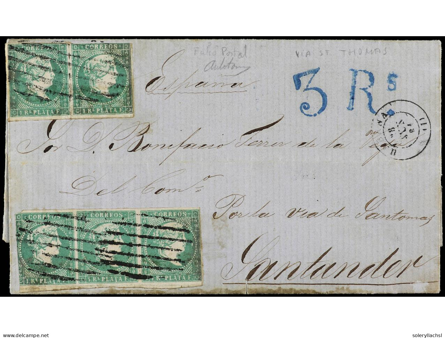 CUBA. 1861. HABANA A SANTANDER. 1 Real Verde Pareja Y Tira De Tres FALSO POSTAL Tipo III (Echenagusia Tipo I). Circulada - Otros & Sin Clasificación