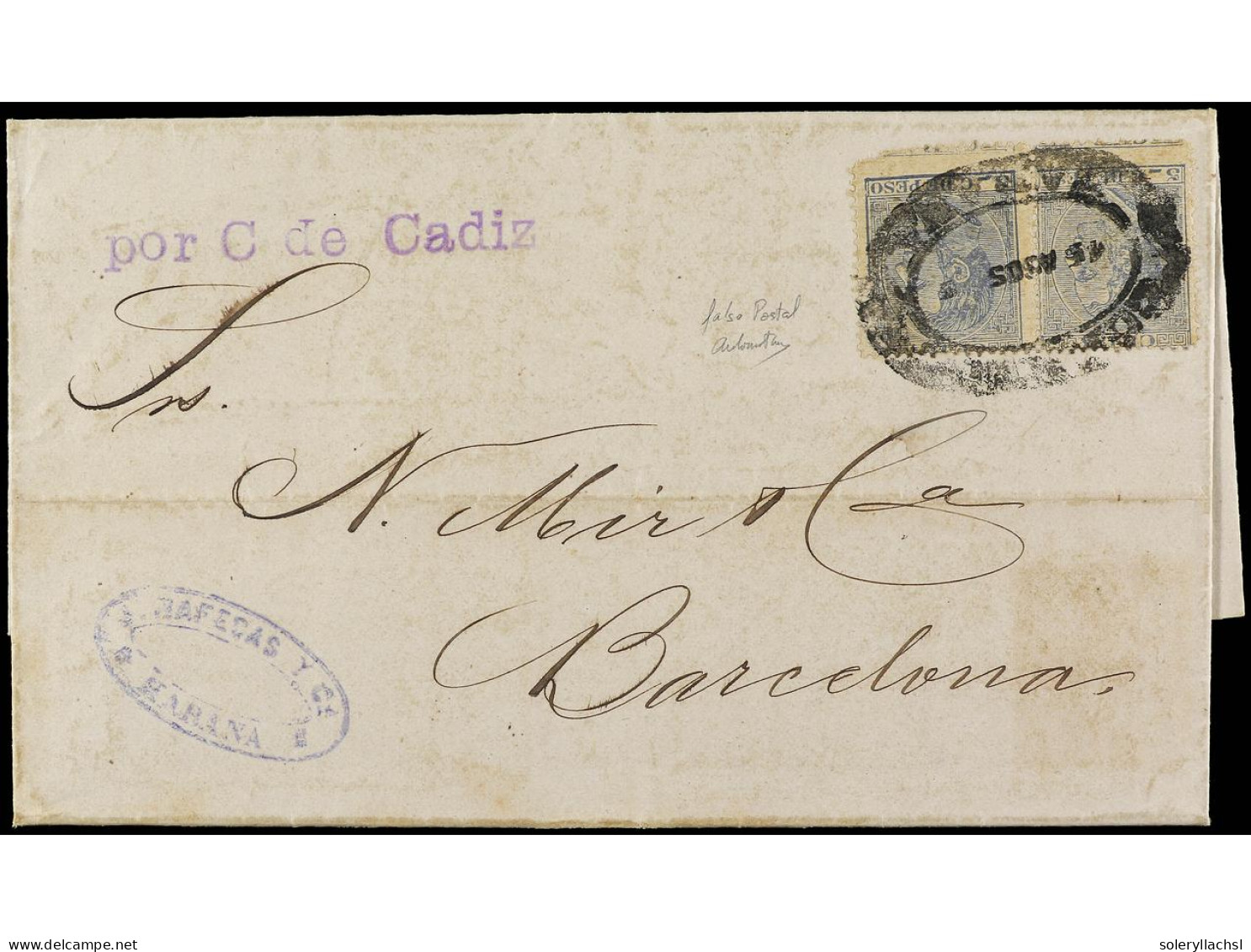 CUBA. 1886. HABANA A BARCELONA. 5 Cts. Gris Azulado (2) FALSO POSTAL (Graus Tipo I). Ed.101. - Other & Unclassified