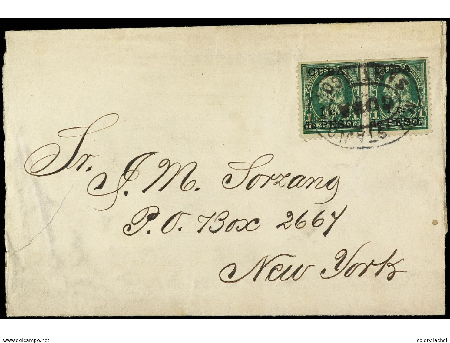 CUBA: OCUPACION ESTADOS UNIDOS. 1898 (julio?). SANTIAGO A NEW YORK. Dos Sellos De 1 Cto. Habilitados Con Mat. Ovalado De - Other & Unclassified