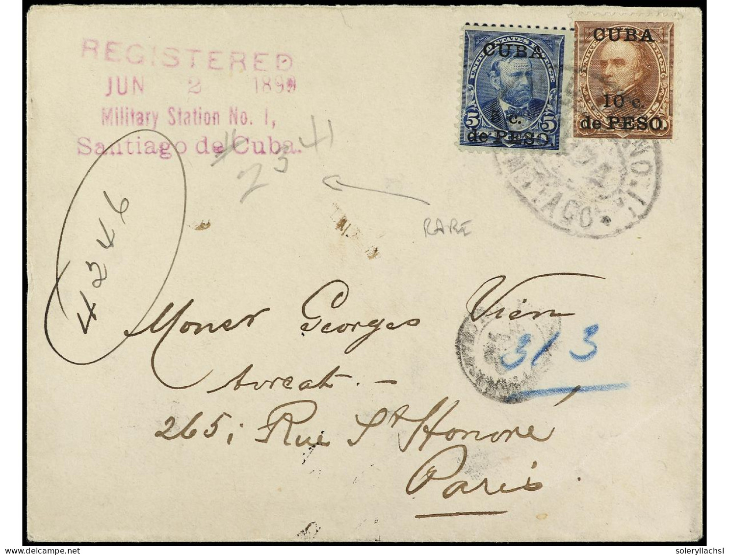 CUBA: OCUPACION ESTADOS UNIDOS. 1899 (junio 2). SANTIAGO DE CUBA A PARÍS. Sellos Habilitados De Cuba De 5 Cts. Y 10 Cts. - Autres & Non Classés