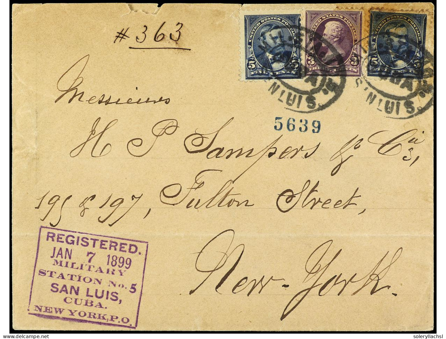 CUBA: OCUPACION ESTADOS UNIDOS. 1899 (7 Enero). SAN LUIS A NEW YORK. Carta Certificada Circulada Con Sellos US De 3 Cts. - Sonstige & Ohne Zuordnung