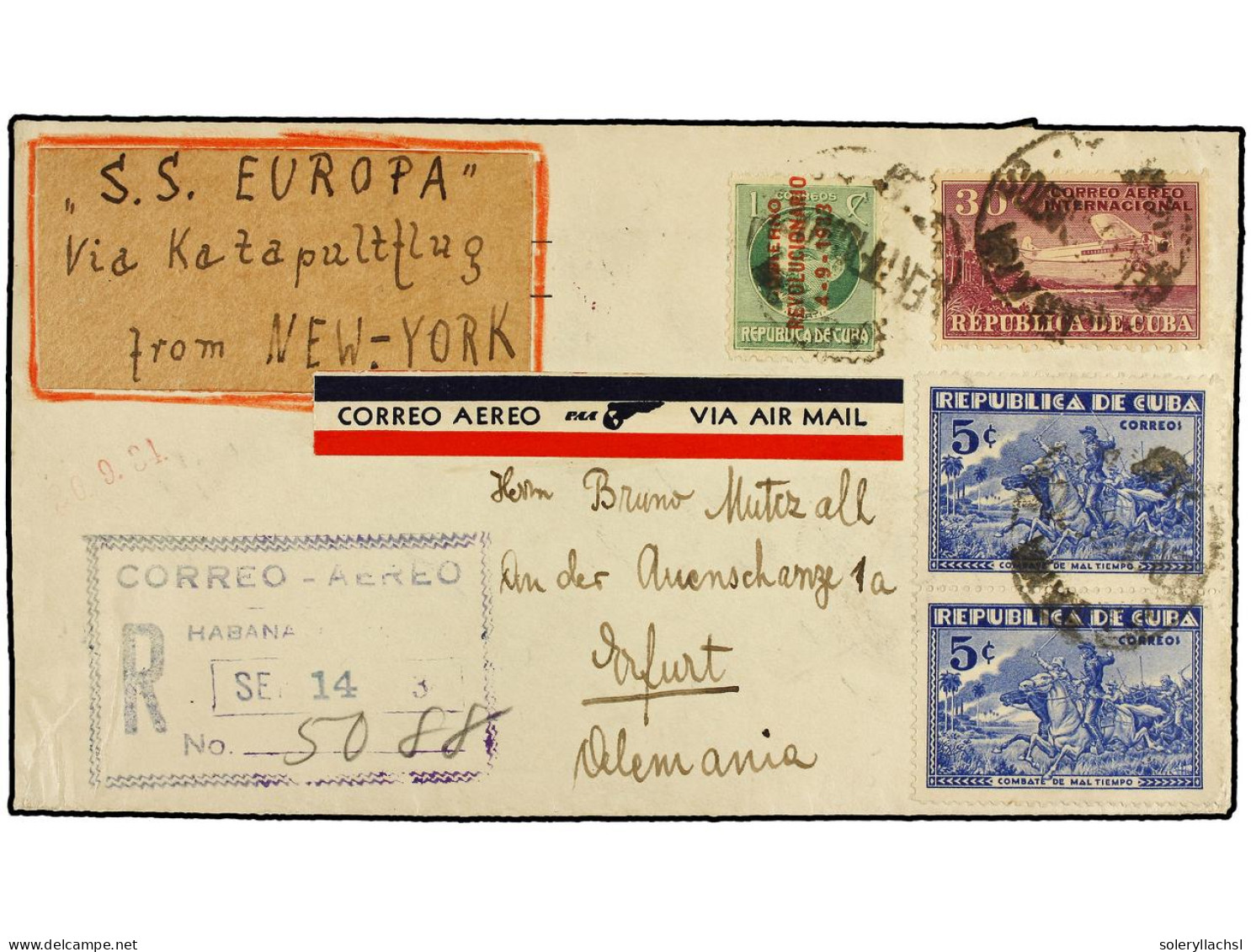 CUBA. 1934 (14-Sept.). CUBA A ERFURT (Alemania). Circulado Con Sellos De Cuba De 1 Cto., 5 Cts. (2) Y 30 Cts. Por Correo - Autres & Non Classés