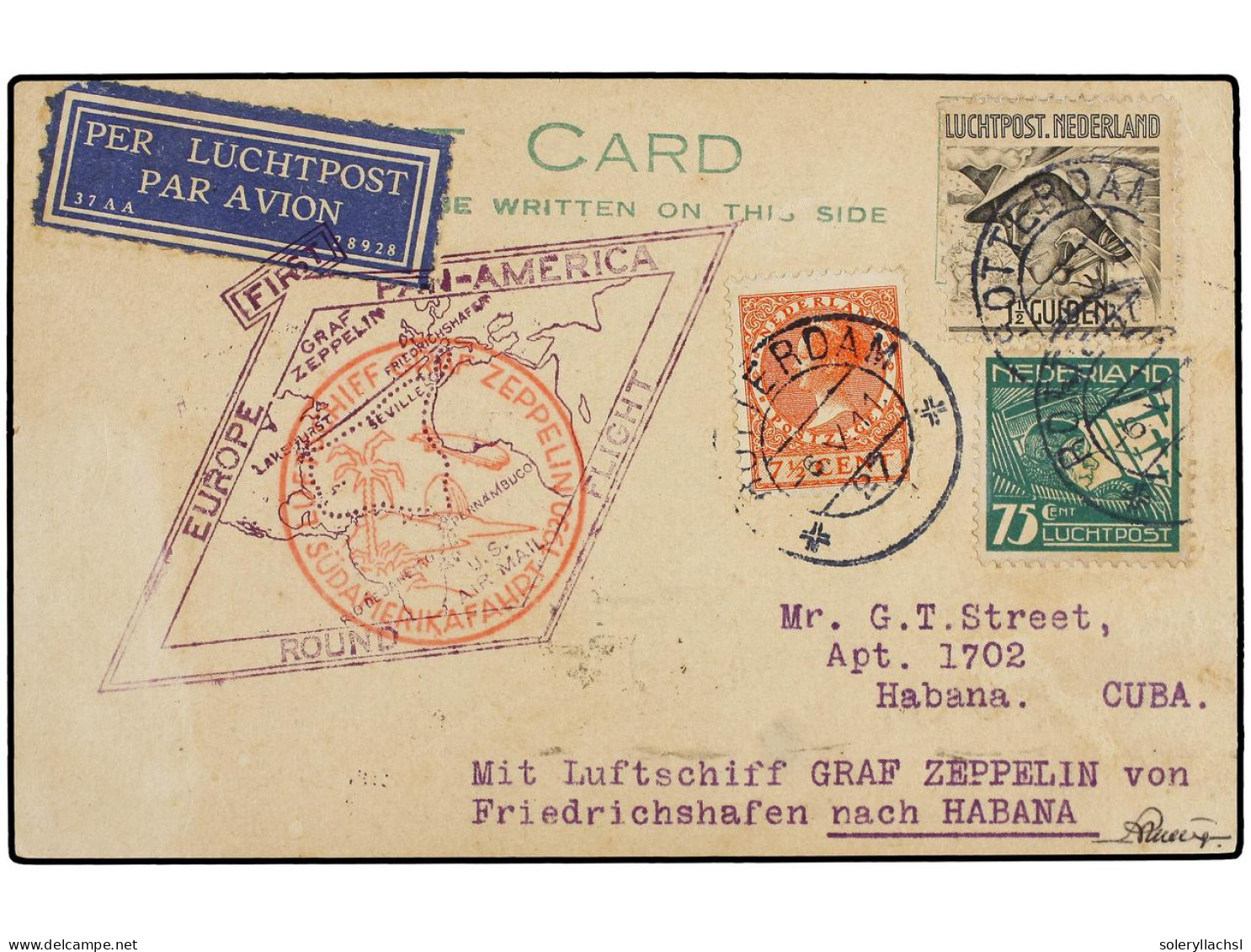 CUBA. 1930 (6-V). ROTTERDAM A LA HABANA. Circulada Con Sellos Holandeses De 7 1/2 Cent., 75 Cnt. Y 1 1/2 Gl. Por GRAF ZE - Sonstige & Ohne Zuordnung