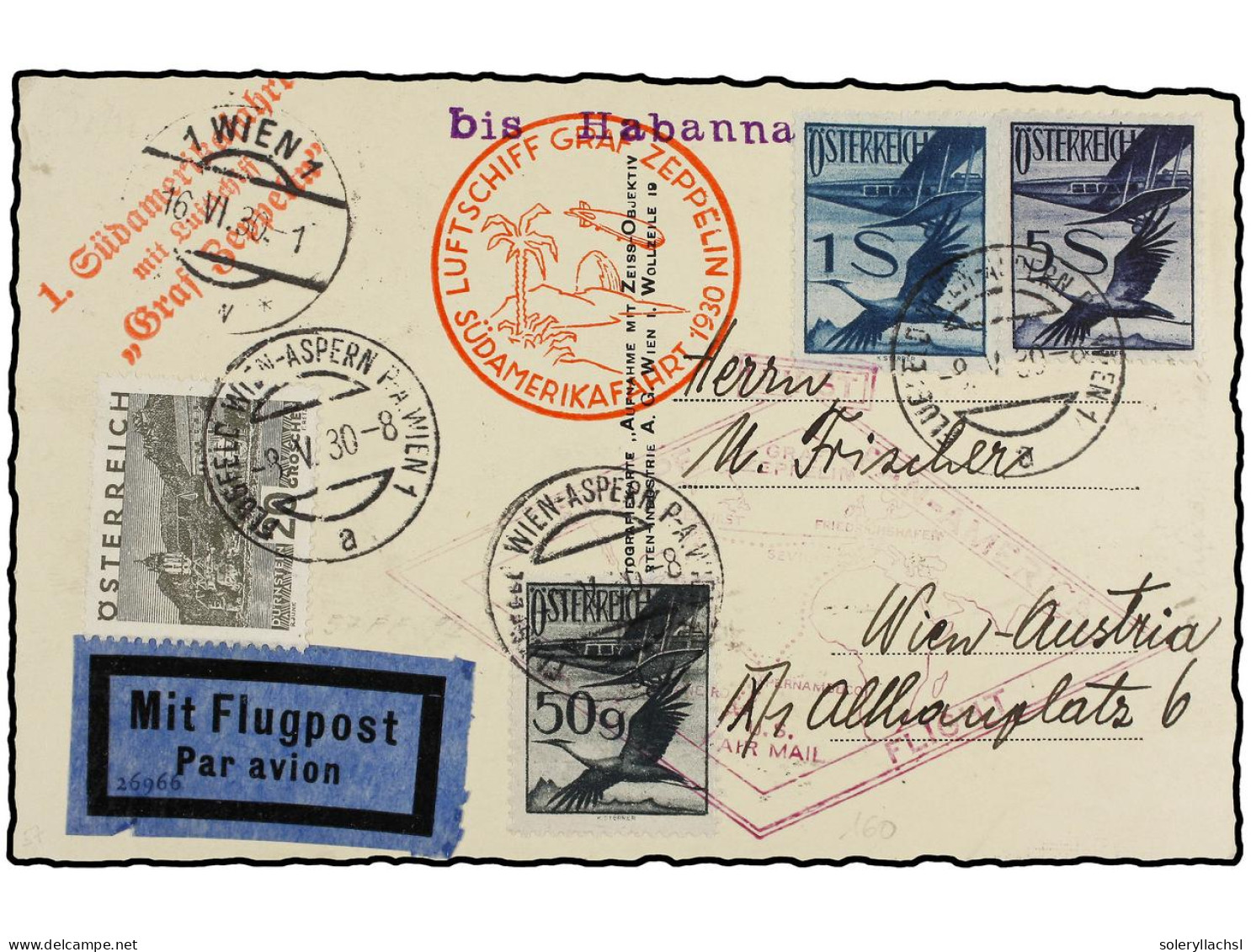 CUBA. 1930 (8-V). WIEN A WIEN Vía LA HABANA. Circulada Con Sellos De Austria De 20 G., 50 G., 1 Sh. Y 2 Sh. Por GRAF ZEP - Other & Unclassified