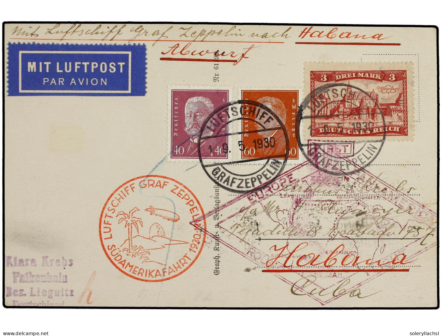 CUBA. 1930 (19-5). ALEMANIA A LA HABANA. Circulada Con Sellos Alemanes De 40 Pf., 60 Pf. Y 30 Mk. Por GRAF ZEPPELIN, Env - Andere & Zonder Classificatie