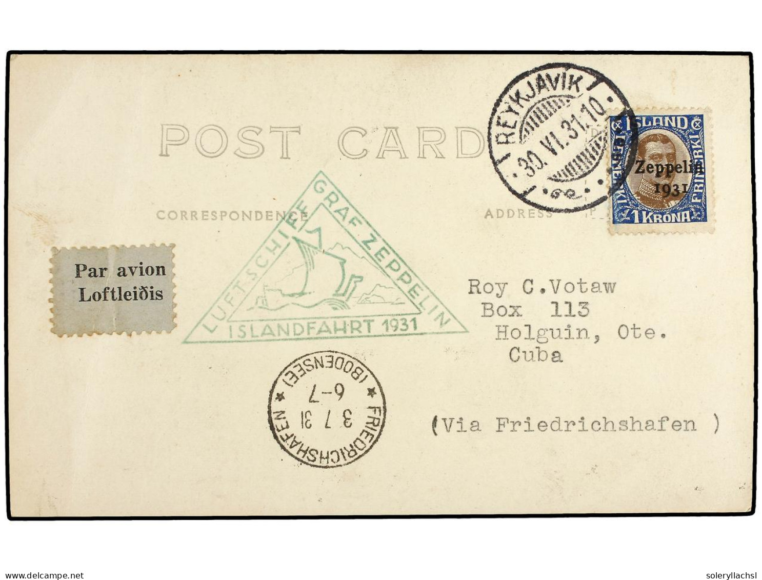 CUBA. 1931 (30-VI). REYKJAVIK A HOLGIN. Circulada Con Sello De Islandia De 1 Kr. Castaño Y Azul Por El GRAF ZEPPELIN Vía - Other & Unclassified