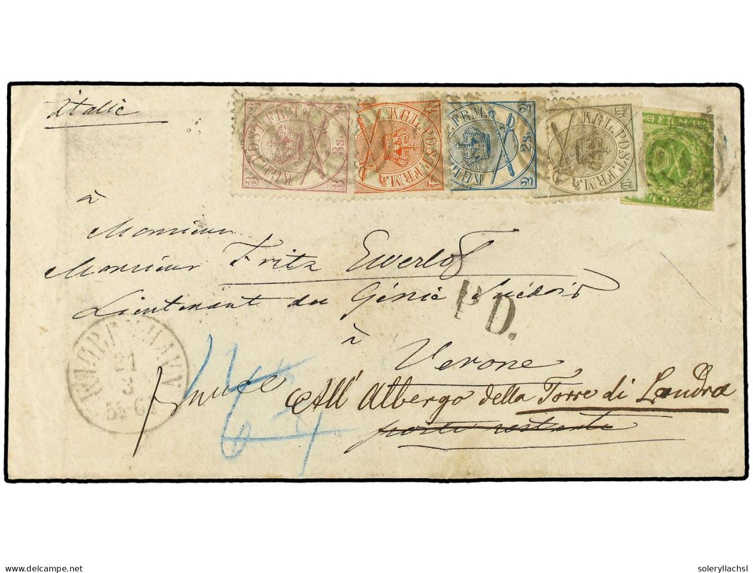 DINAMARCA. 1867 (March 21). Five Colour, Mixed Issue Franking From COPENHAGEN To VERONA (Italy) With Imperforate 1857 8s - Other & Unclassified