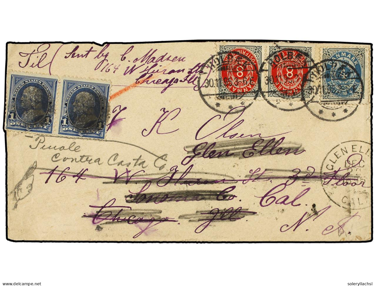 DINAMARCA. 1895. HOLBEK To GLEN ELLEN. 4 Ore Blue And 8 Ore Red And Green. Redirected To Chicago With Two USA Stamps Of  - Other & Unclassified