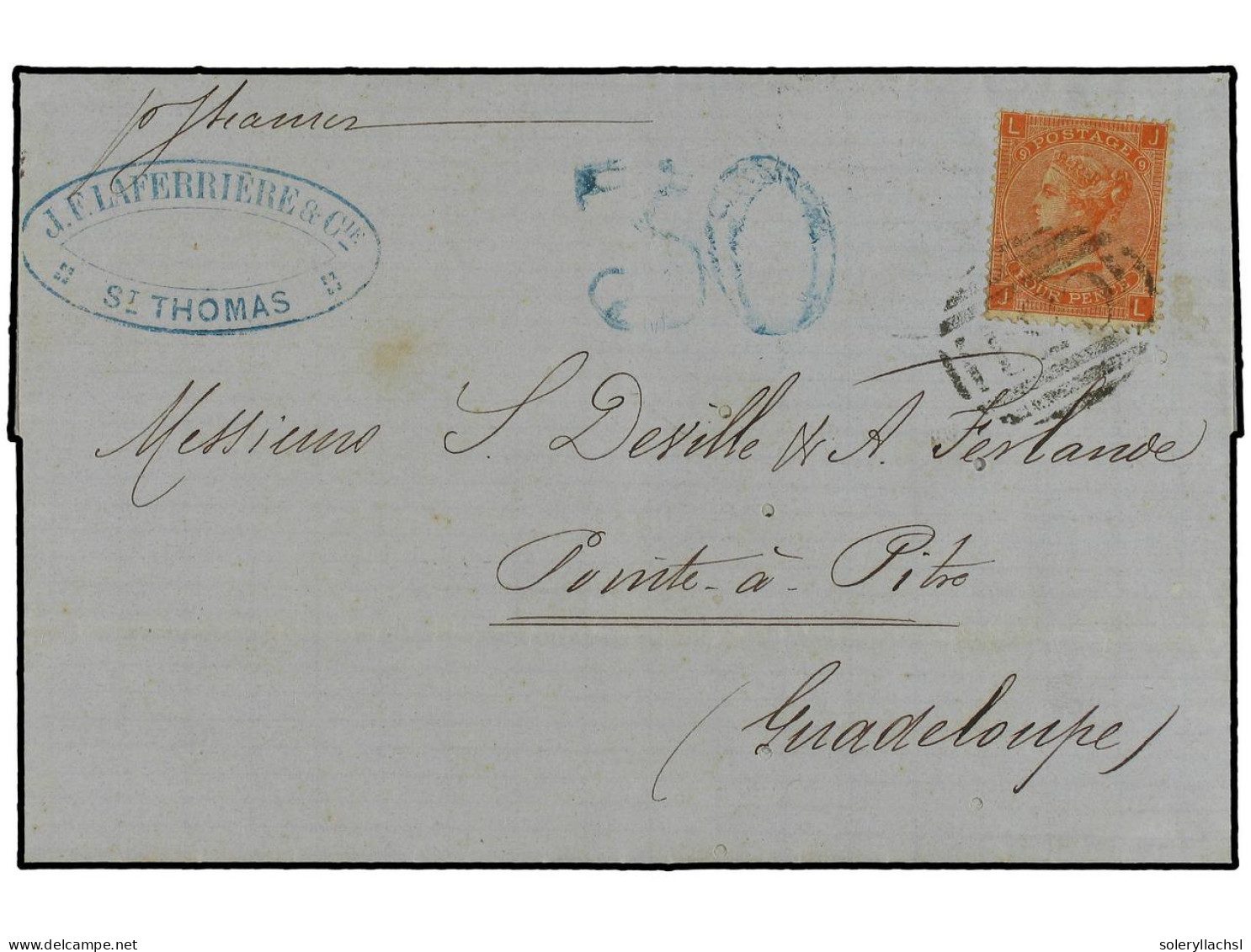 ANTILLAS DANESAS. 1867. Letter Sent From ST. THOMAS BRITISH POST OFFICE To GUADELOUPE, Franked With 4d Tied By C51 Horiz - Altri & Non Classificati