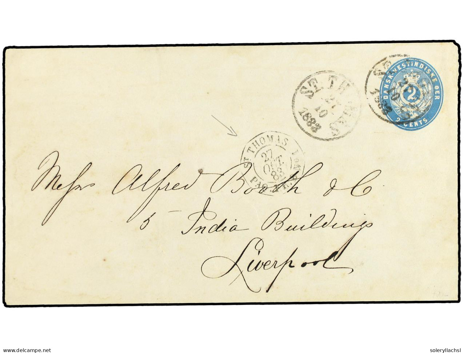 ANTILLAS DANESAS. 1883 (Oct 27). 2c. Blue Postal Stationery Envelope To LIVERPOOL Cancelled By Two Strikes Of ST. THOMAS - Other & Unclassified