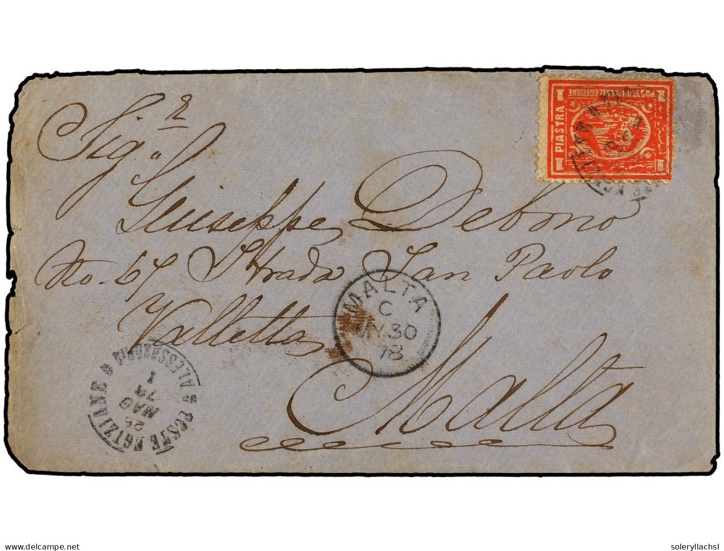 EGIPTO. 1878. ALEXANDRIA To MALTA. 1 Piastre Red, Arrival Cds On Front. Scarce Destination. - Other & Unclassified