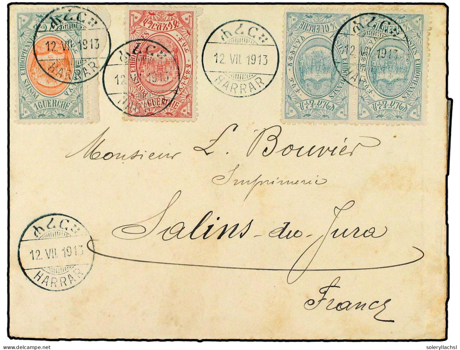ETIOPIA. 1913 (July 12). Cover To FRANCE At 2 G. Rate Bearing 1909 Pair Of 1/4 G. Blue Green, 1/2 G. Red And 1 G. Green  - Autres & Non Classés