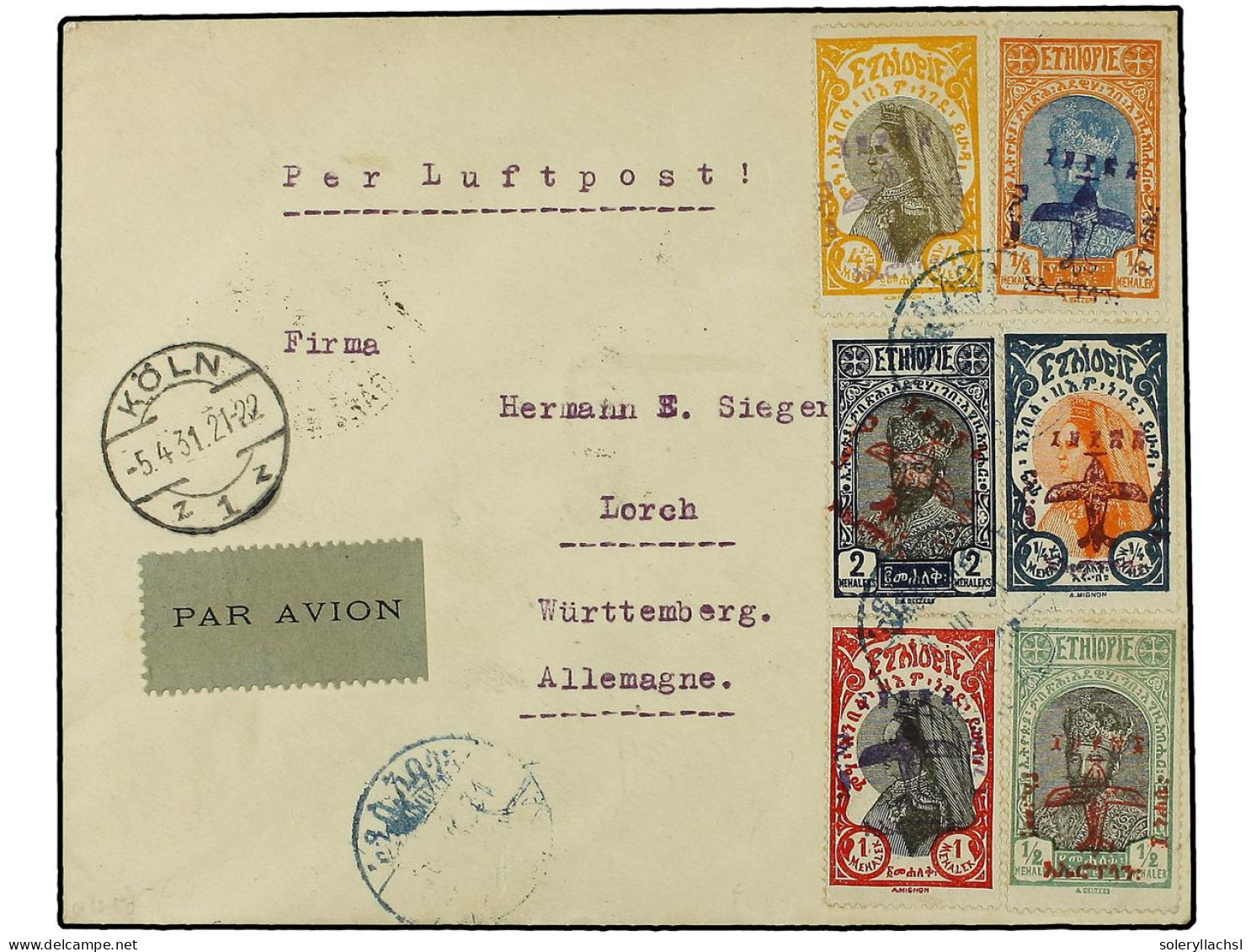 ETIOPIA. 1931 (16-III). ADDIS To GERMANY. UNRECORDED FLIGHT. Franked By Type 2 And 3 Mixed Colours Overprinted With Cds  - Other & Unclassified